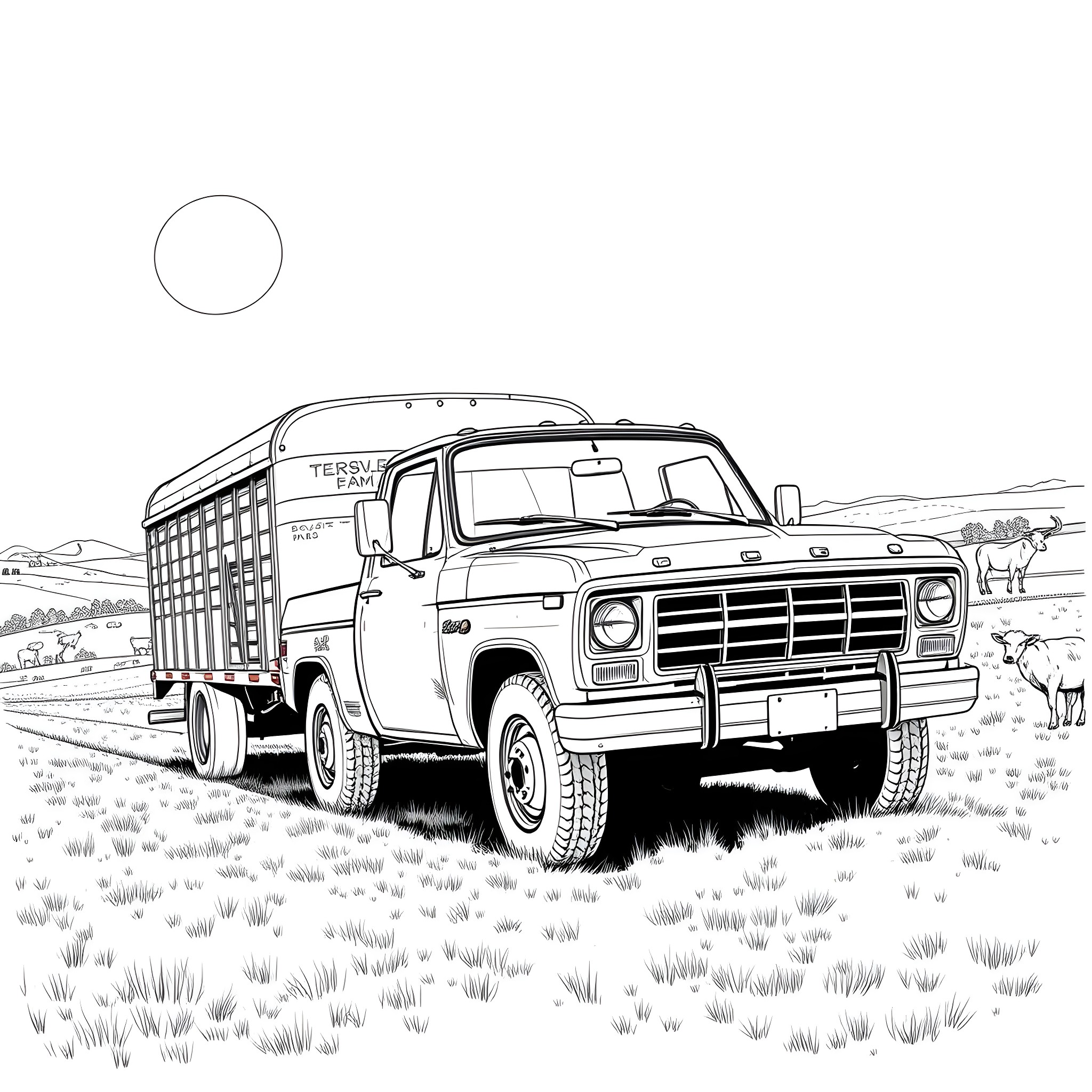 Pickup Truck transporting goods in rural landscape Coloring Page (free black-and-white line drawing printable PDF for all, from beginners to advanced learners, including children, teens, adults, and seniors)