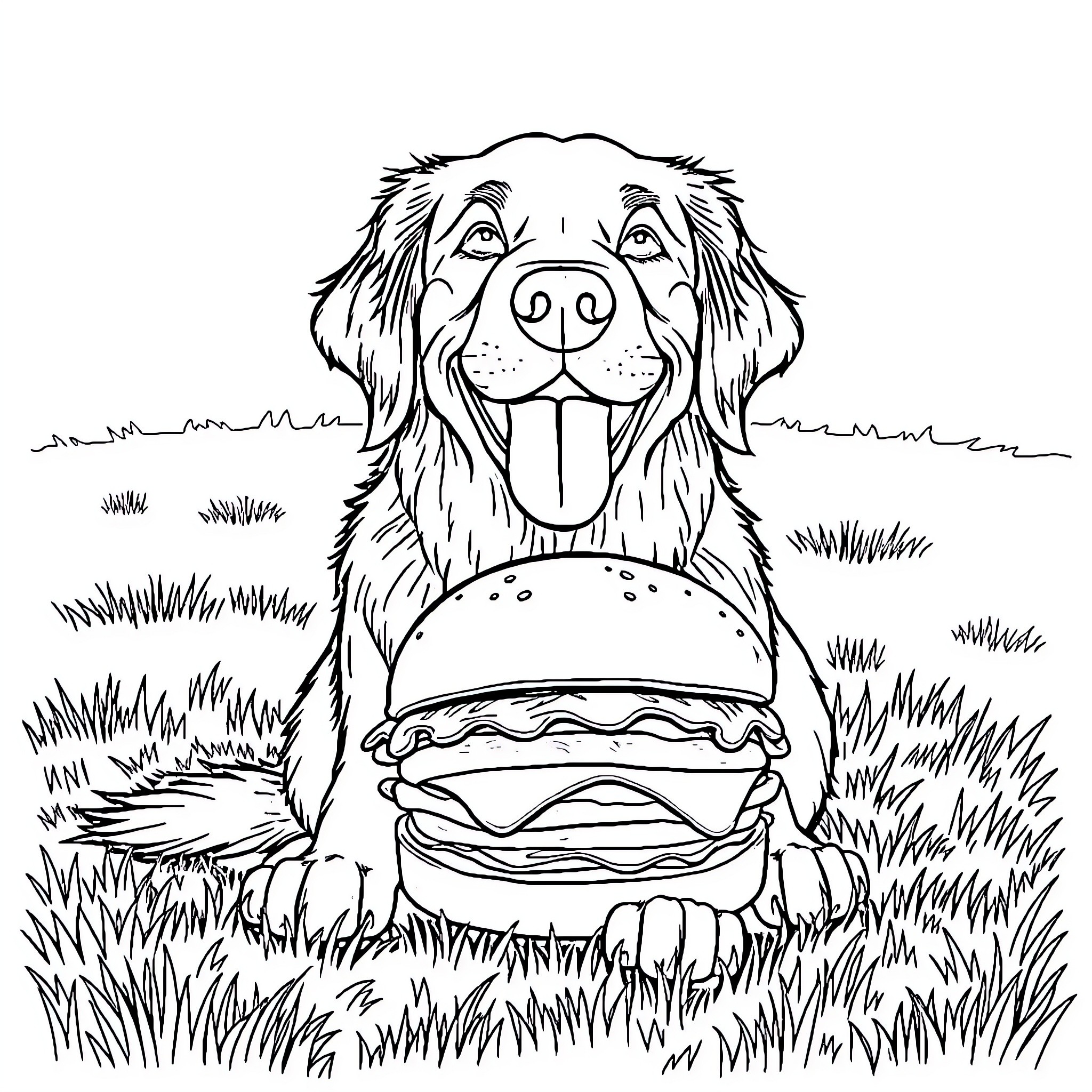 Golden Retriever enjoying a tasty burger in the grass Coloring Page (free black-and-white line drawing printable PDF for all, from beginners to advanced learners, including children, teens, adults, and seniors)