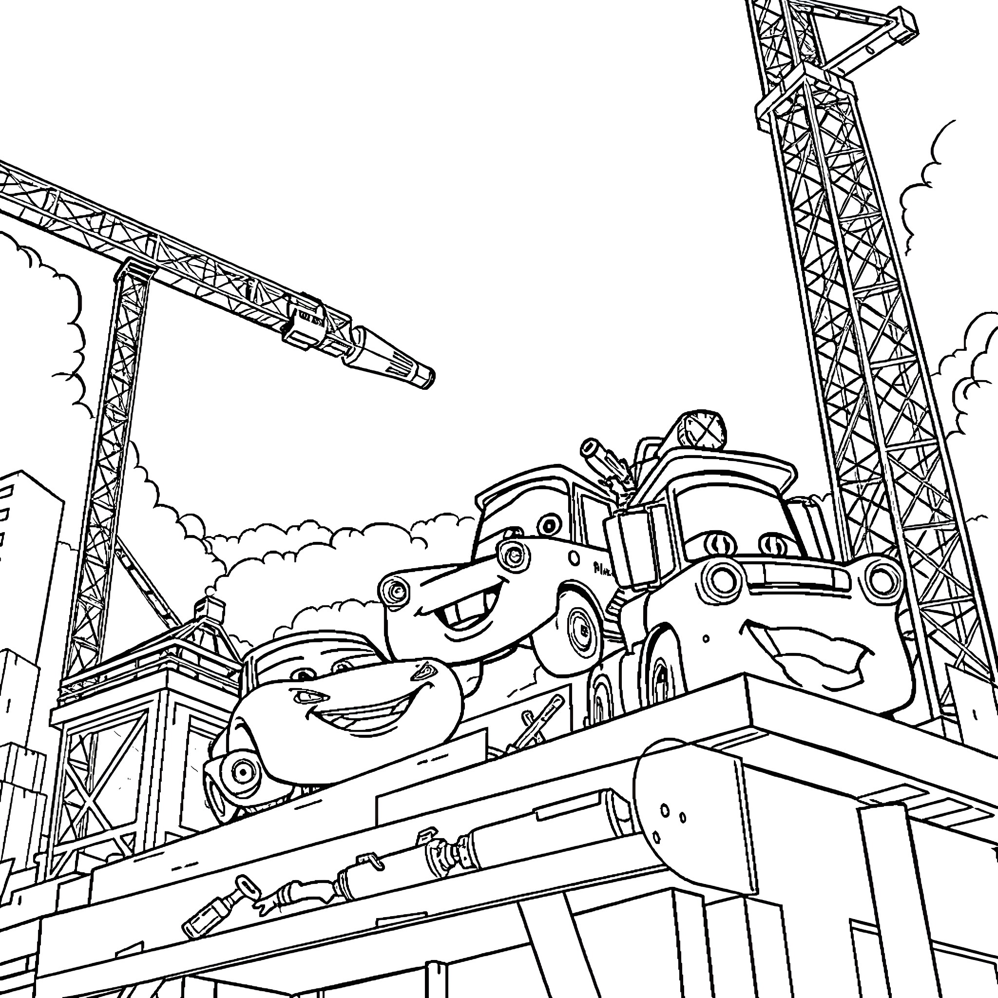 Mater and friends working on a construction site Coloring Page (free black-and-white line drawing printable PDF for all, from beginners to advanced learners, including children, teens, adults, and seniors)