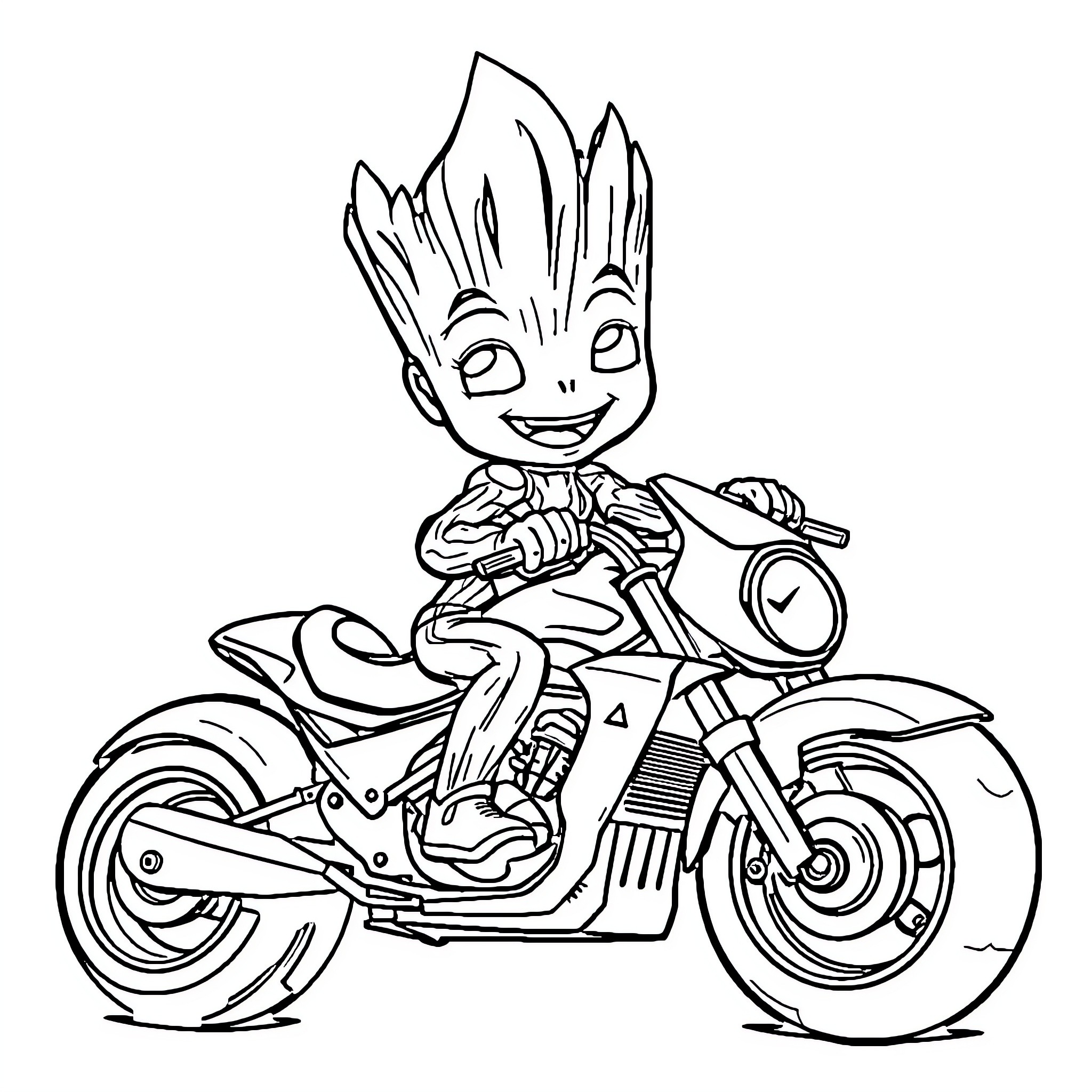 Groot riding a futuristic motorcycle Coloring Page (free black-and-white line drawing printable PDF for all, from beginners to advanced learners, including children, teens, adults, and seniors)