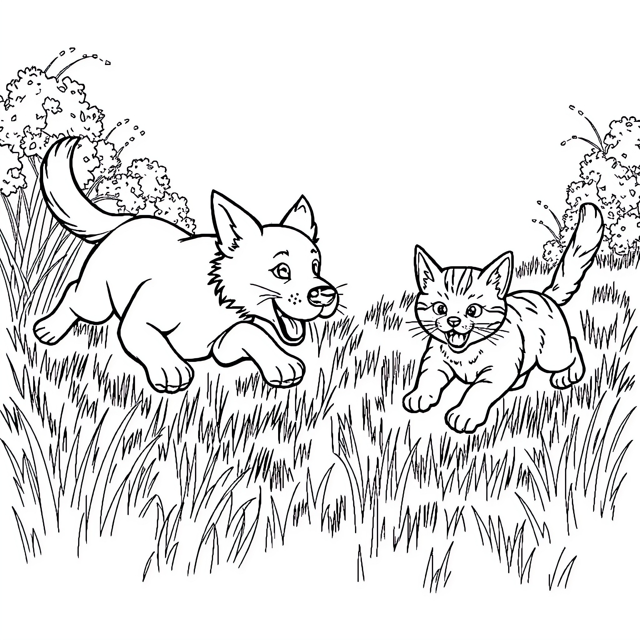 Dogs playing joyfully in the grass Coloring Page (free black-and-white line drawing printable PDF for all, from beginners to advanced learners, including children, teens, adults, and seniors)