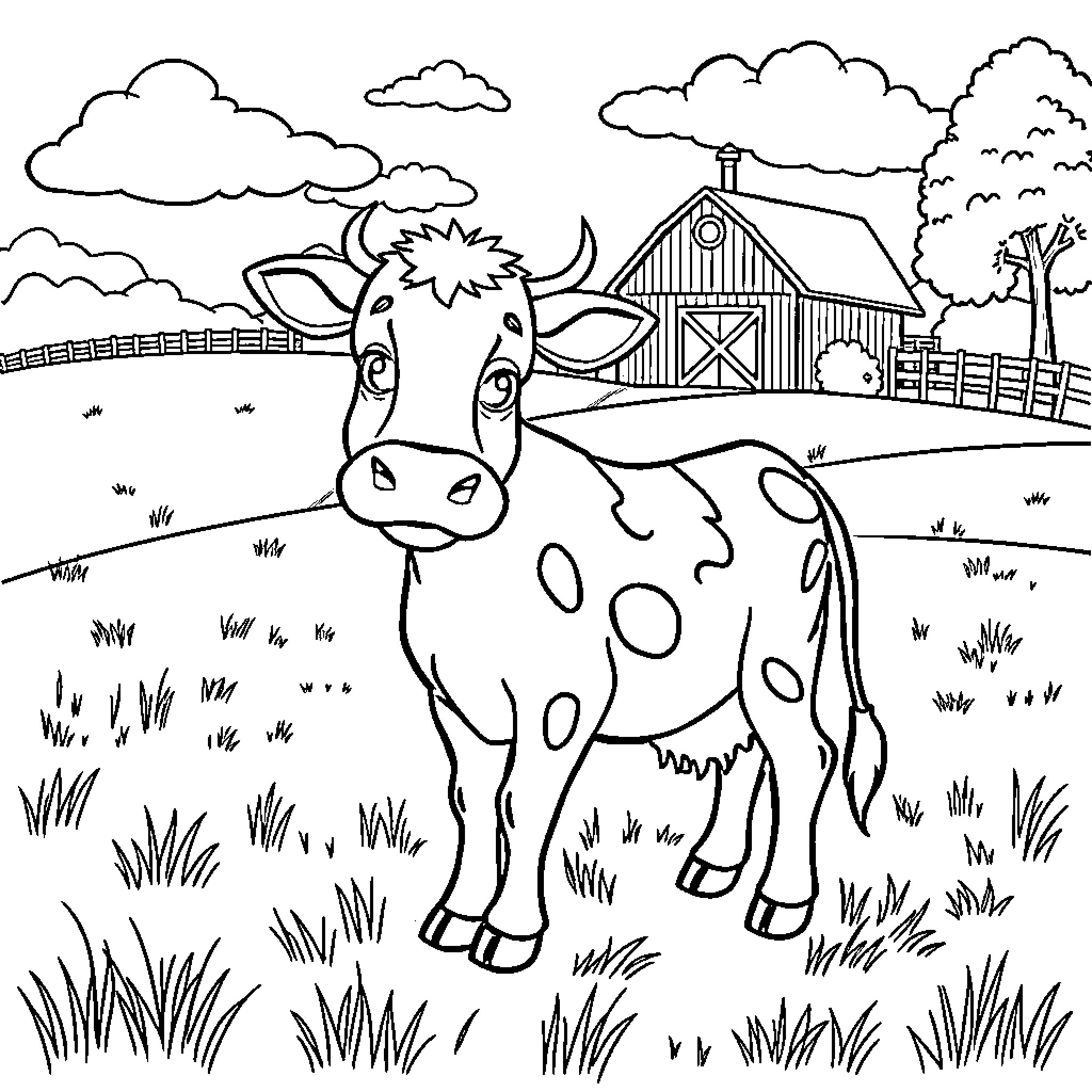 Cow standing in a farm field Coloring Page (free black-and-white line drawing printable PDF for all, from beginners to advanced learners, including children, teens, adults, and seniors)