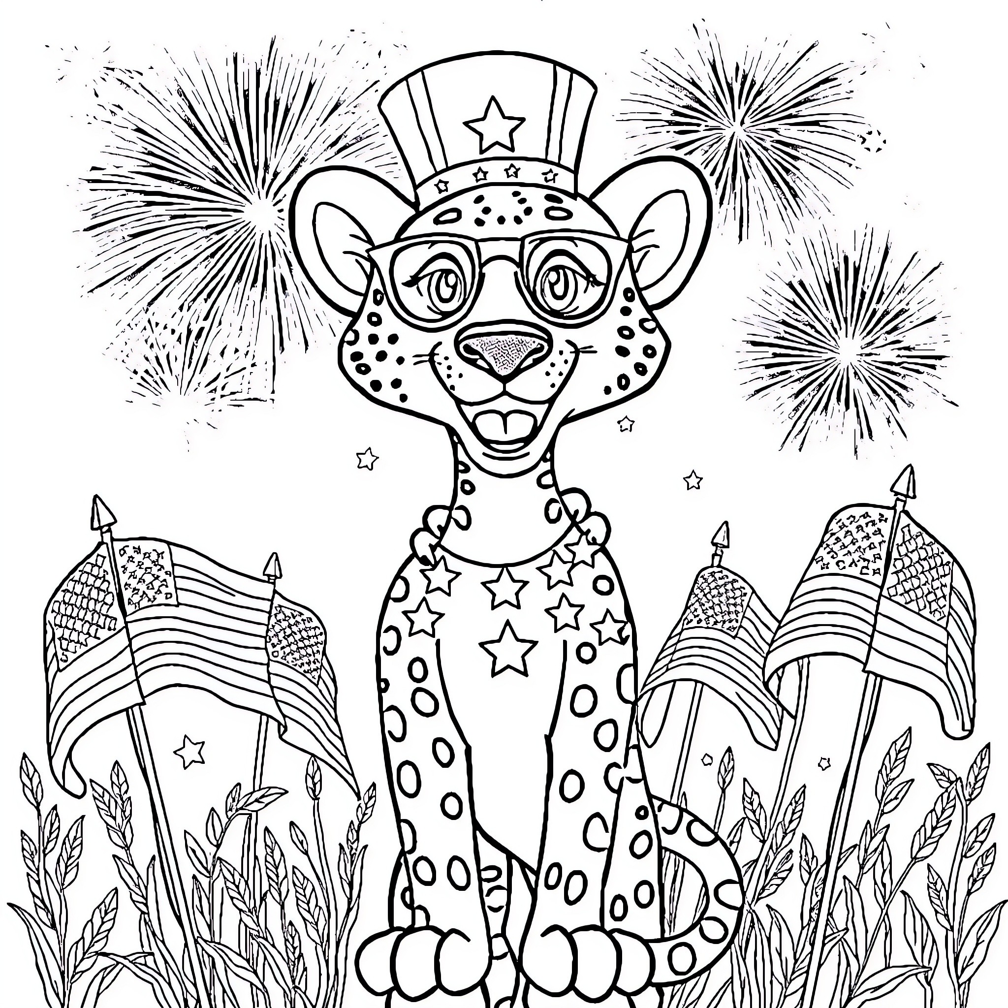 Cheetah celebrating with patriotic decor and fireworks Coloring Page (free black-and-white line drawing printable PDF for all, from beginners to advanced learners, including children, teens, adults, and seniors)