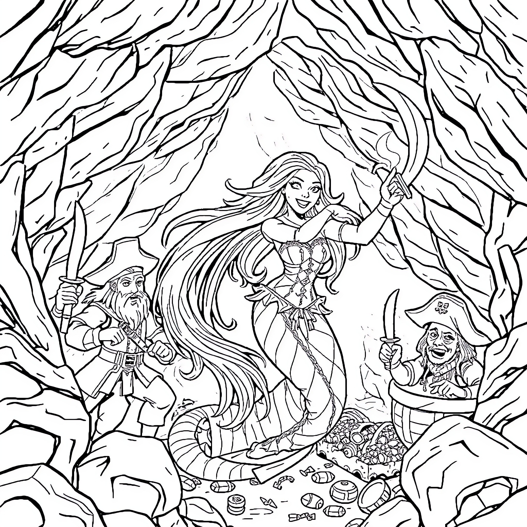 Mermaid and her pirate companions exploring the deep sea Coloring Page (free black-and-white line drawing printable PDF for all, from beginners to advanced learners, including children, teens, adults, and seniors)