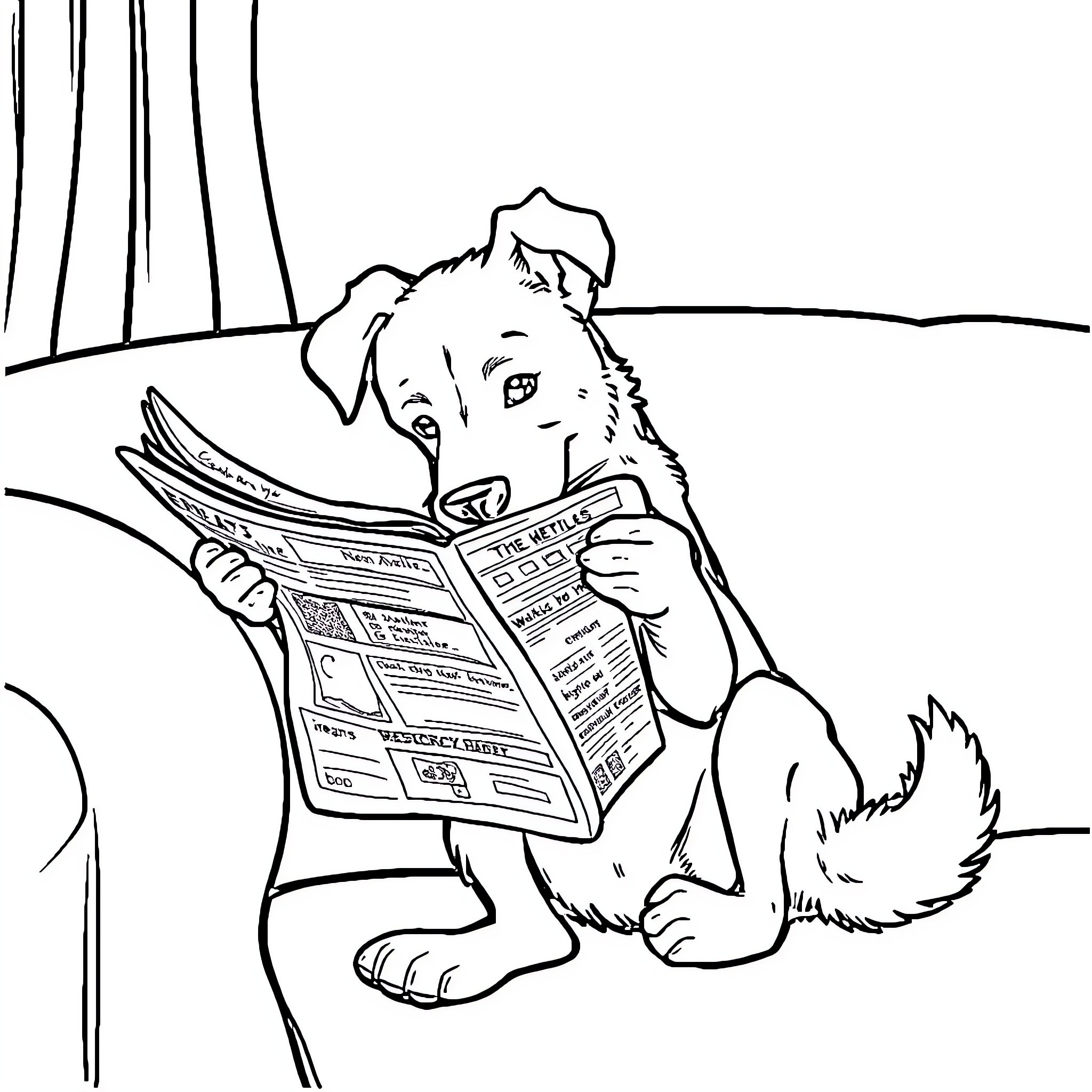 Dog reading newspaper in outdoor setting Coloring Page (free black-and-white line drawing printable PDF for all, from beginners to advanced learners, including children, teens, adults, and seniors)