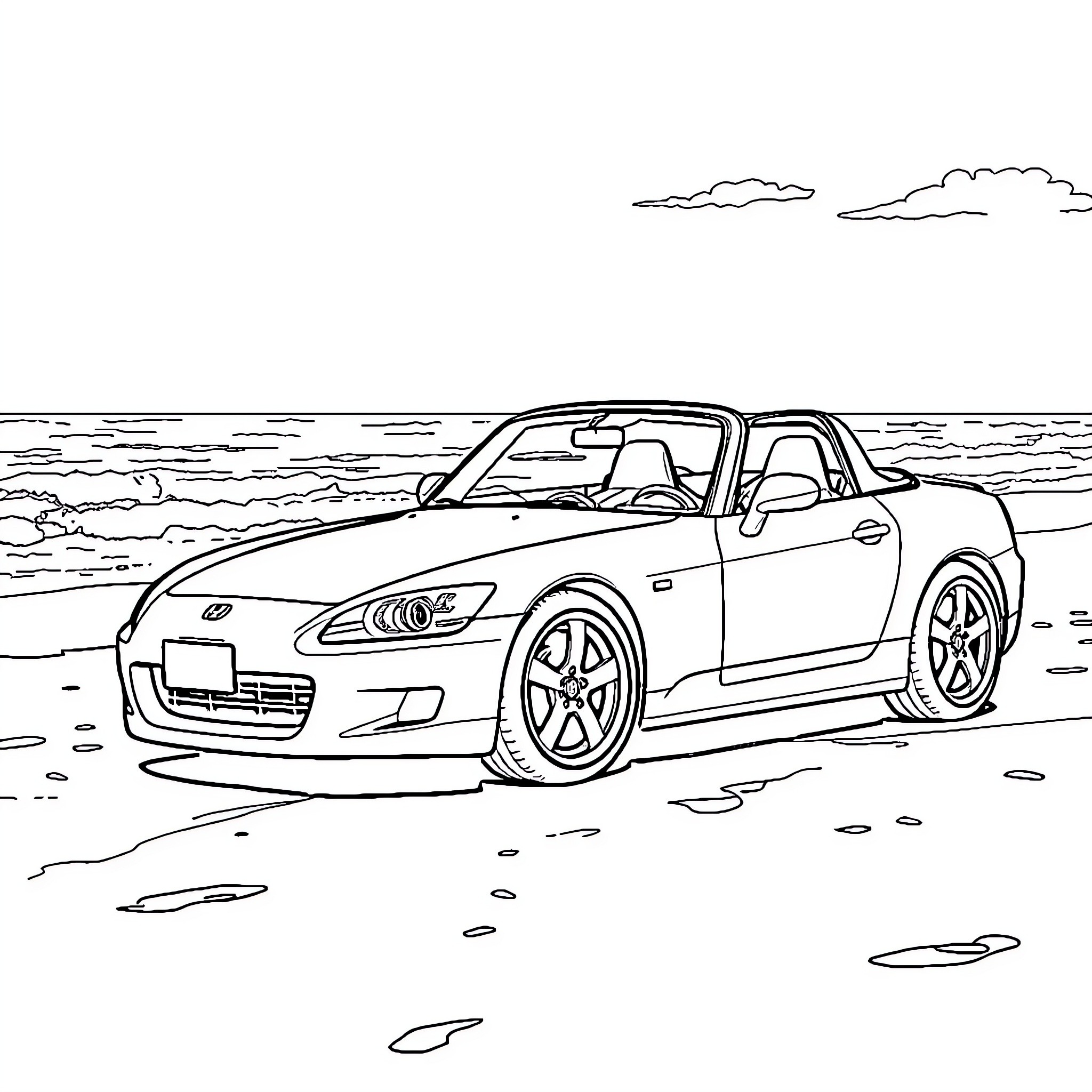 Honda S200 sports car on the beach Coloring Page (free black-and-white line drawing printable PDF for all, from beginners to advanced learners, including children, teens, adults, and seniors)