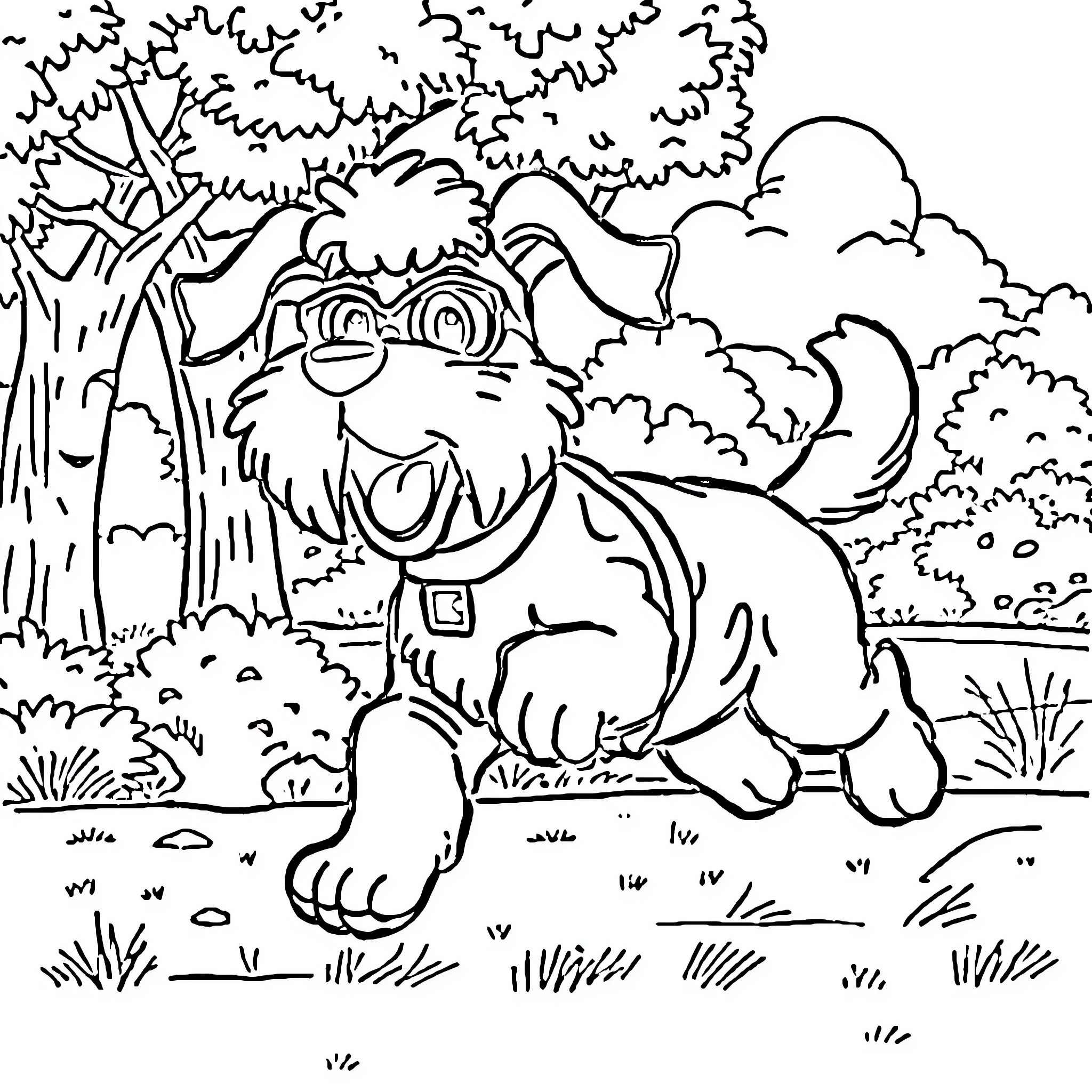 Super Pooper Doggy's Adventure in the Wilderness Coloring Page (free black-and-white line drawing printable PDF for all, from beginners to advanced learners, including children, teens, adults, and seniors)