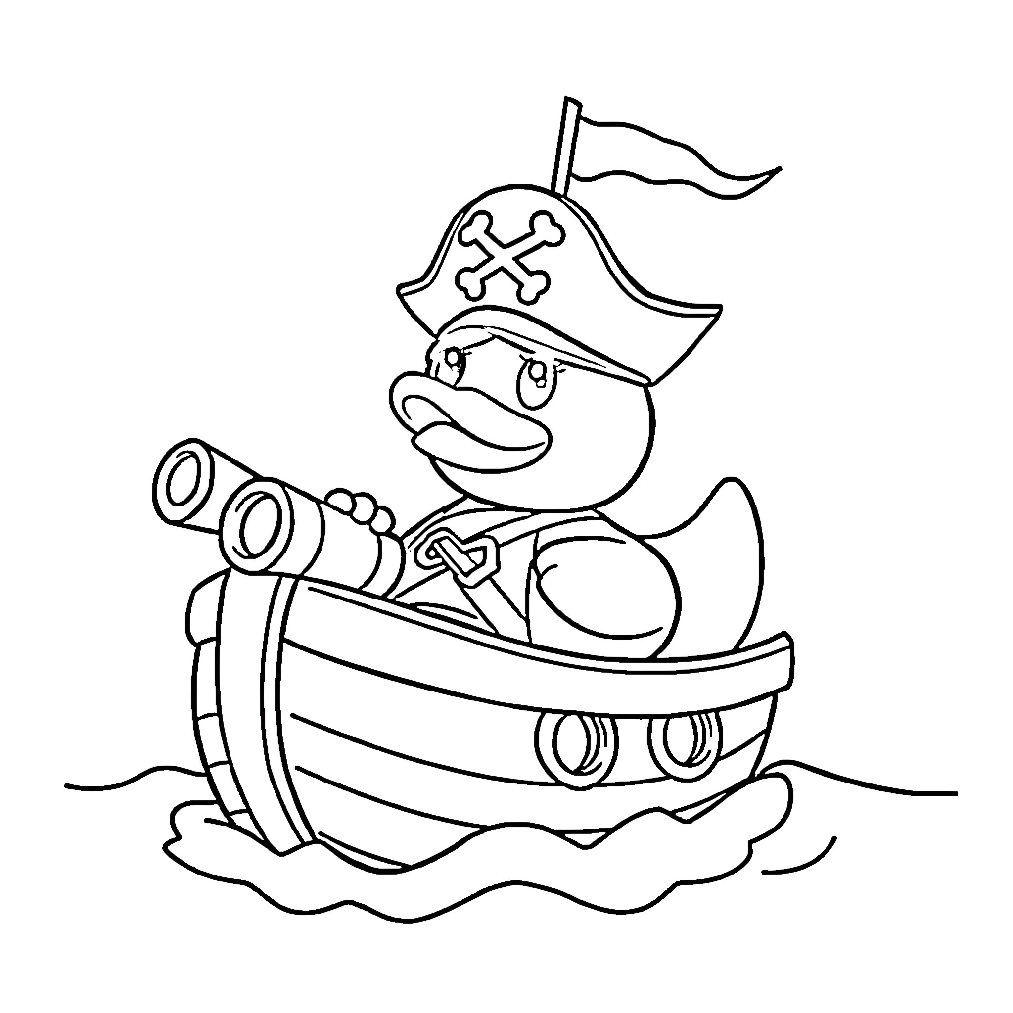 Rubber Ducky Pirate Sailing on the High Seas Coloring Page (free black-and-white line drawing printable PDF for all, from beginners to advanced learners, including children, teens, adults, and seniors)