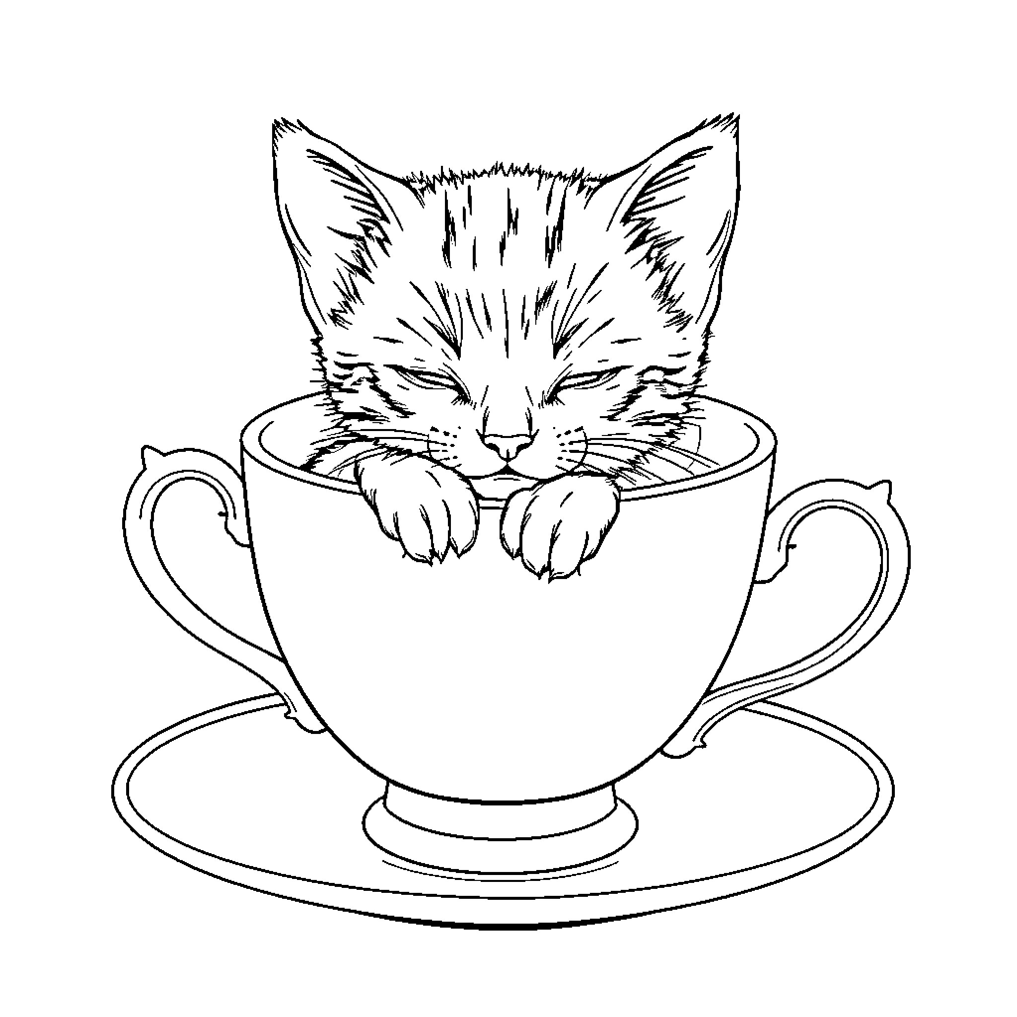 Kitten Resting Cozily in a Tea Cup Coloring Page (free black-and-white line drawing printable PDF for all, from beginners to advanced learners, including children, teens, adults, and seniors)