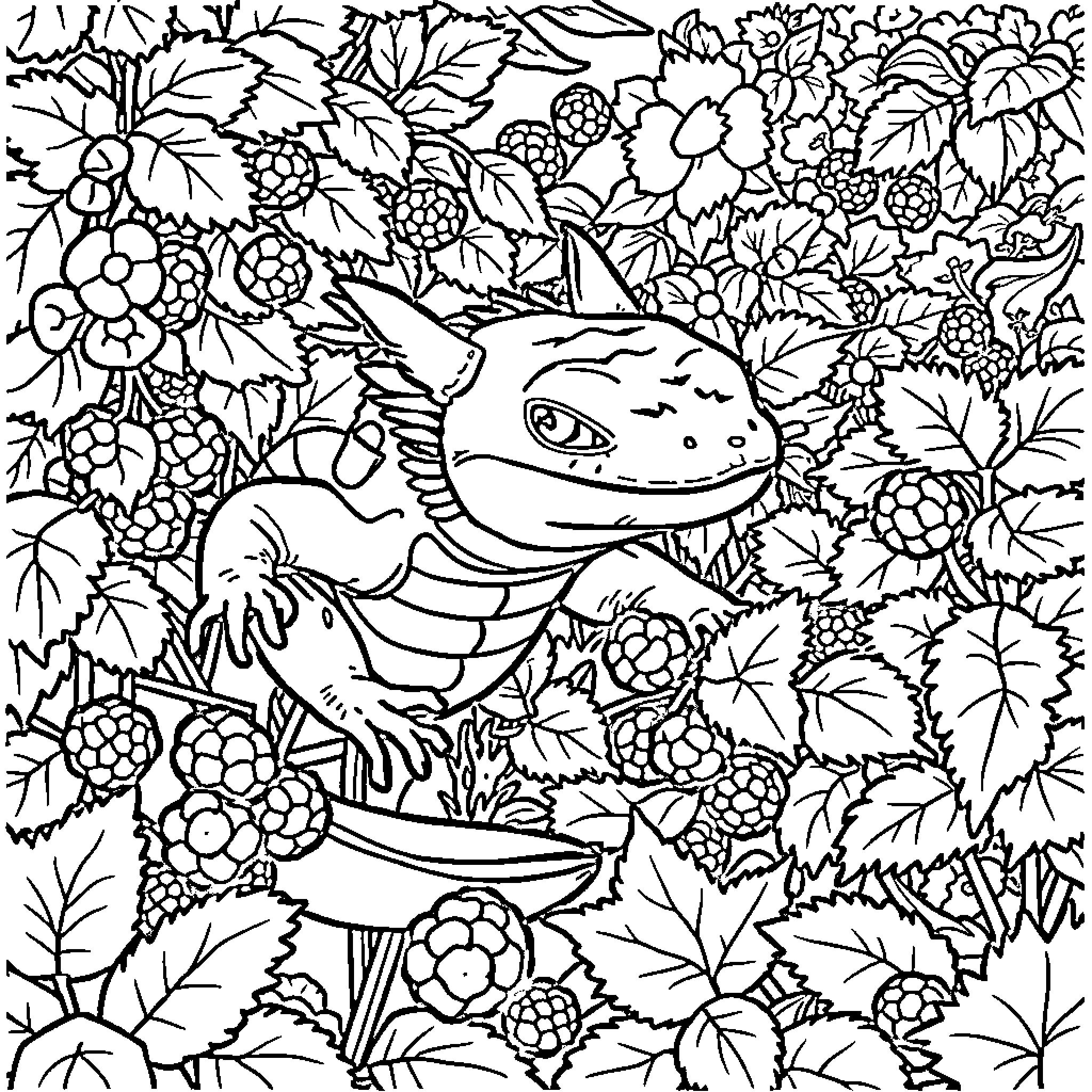 Axolotl exploring a lush, floral garden Coloring Page (free black-and-white line drawing printable PDF for all, from beginners to advanced learners, including children, teens, adults, and seniors)