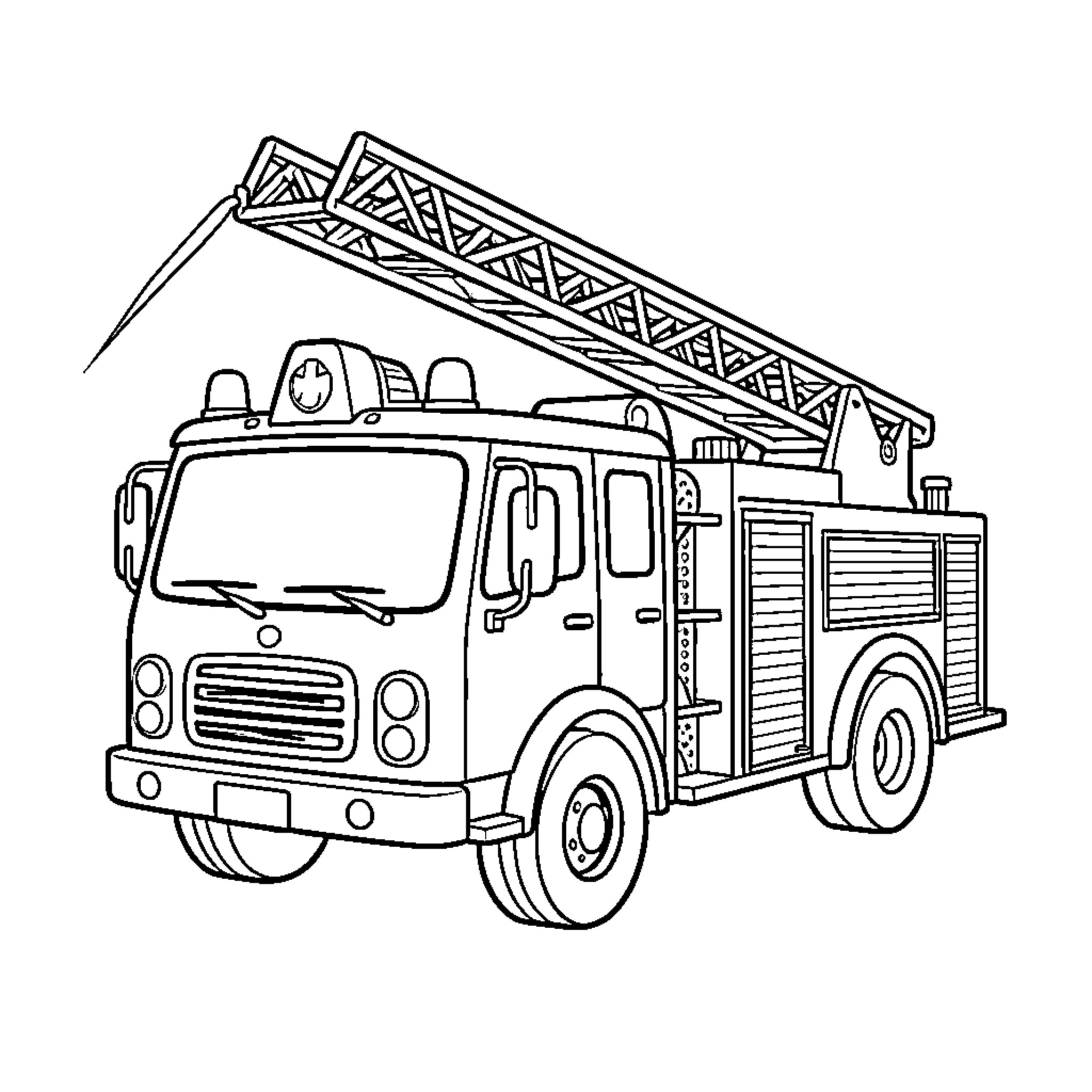 Fire Truck with an extended ladder Coloring Page (free black-and-white line drawing printable PDF for all, from beginners to advanced learners, including children, teens, adults, and seniors)