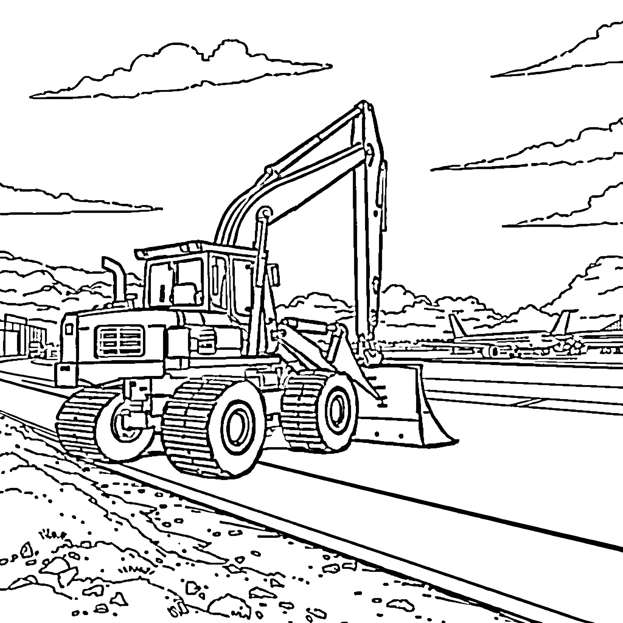 Excavator working on construction site Coloring Page (free black-and-white line drawing printable PDF for all, from beginners to advanced learners, including children, teens, adults, and seniors)