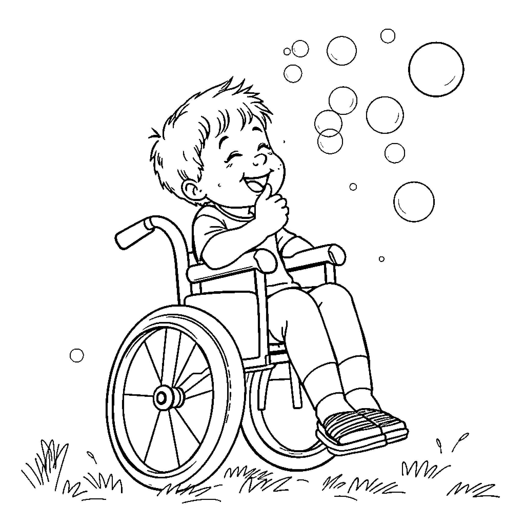 Child playing happily in a wheelchair Coloring Page (free black-and-white line drawing printable PDF for all, from beginners to advanced learners, including children, teens, adults, and seniors)