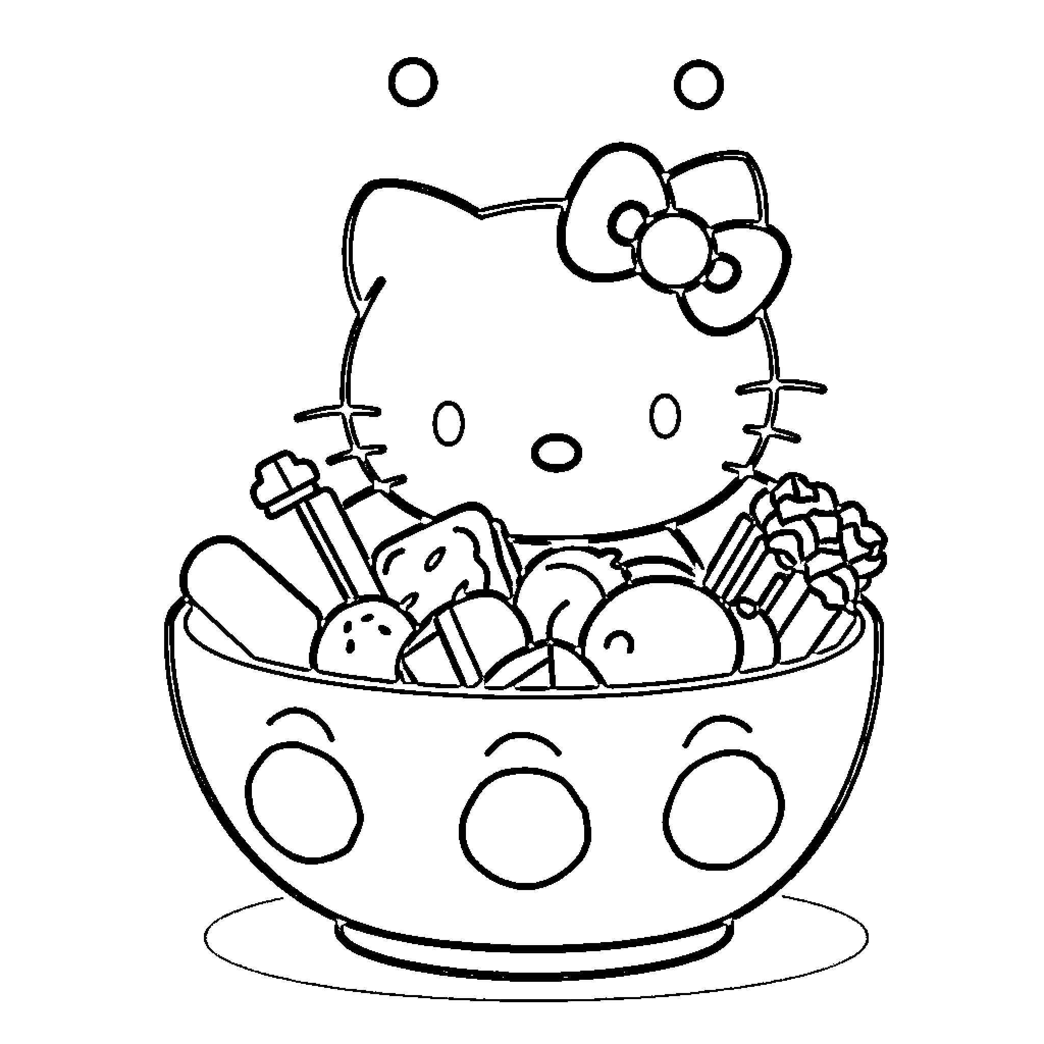 Hello Kitty enjoying snacks in a bowl Coloring Page (free black-and-white line drawing printable PDF for all, from beginners to advanced learners, including children, teens, adults, and seniors)