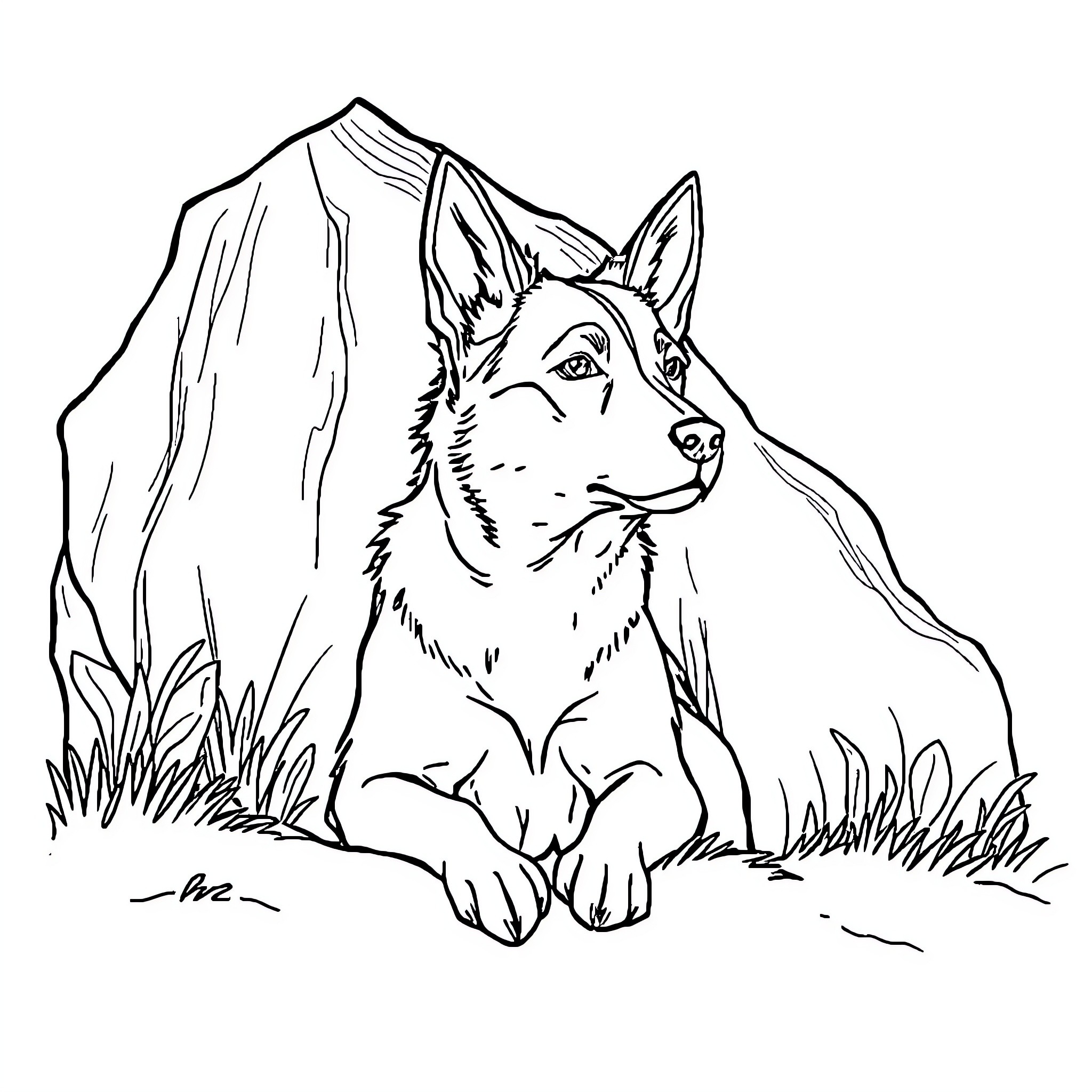 Dog resting in the wilderness Coloring Page (free black-and-white line drawing printable PDF for all, from beginners to advanced learners, including children, teens, adults, and seniors)