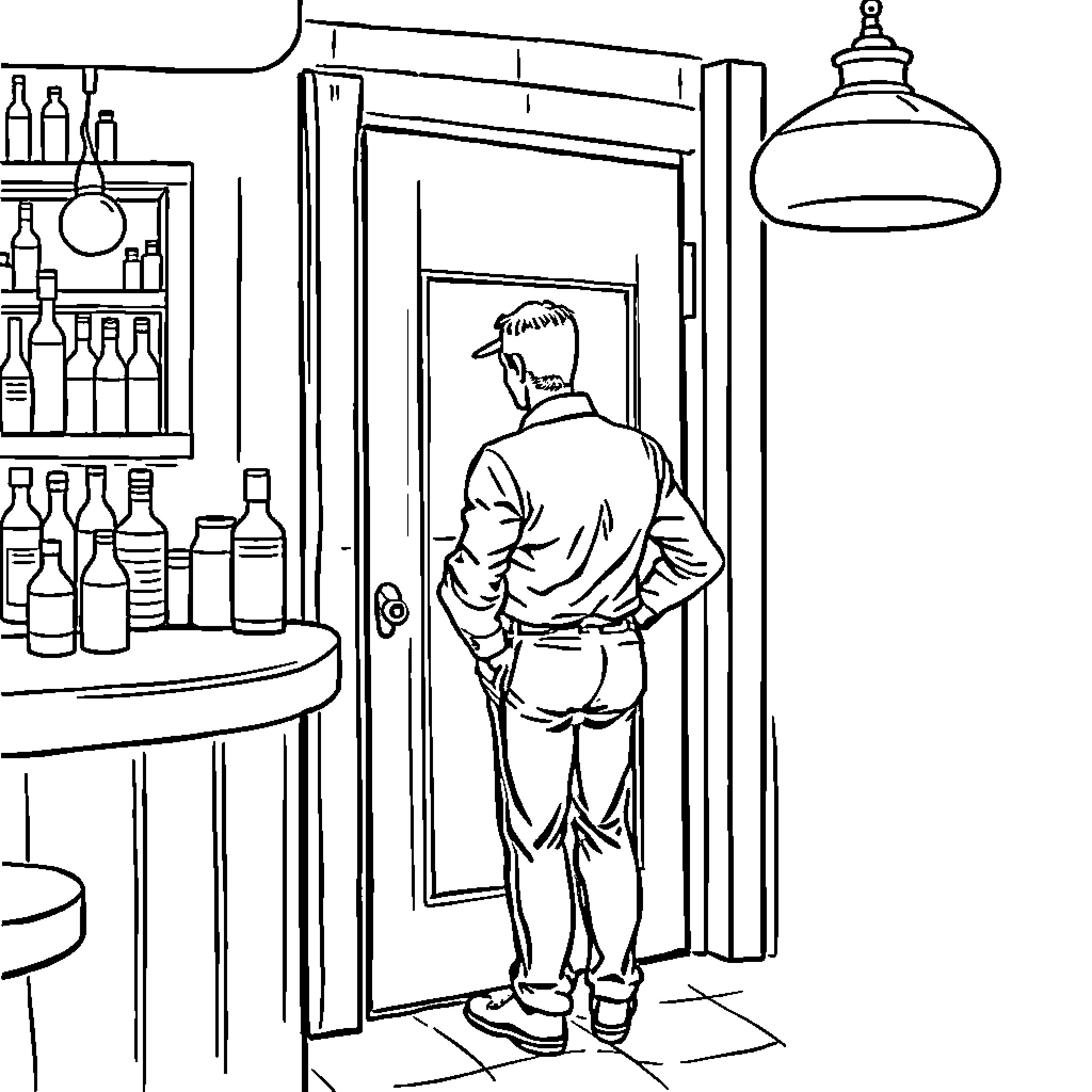 Barman working diligently in his establishment Coloring Page (free black-and-white line drawing printable PDF for all, from beginners to advanced learners, including children, teens, adults, and seniors)