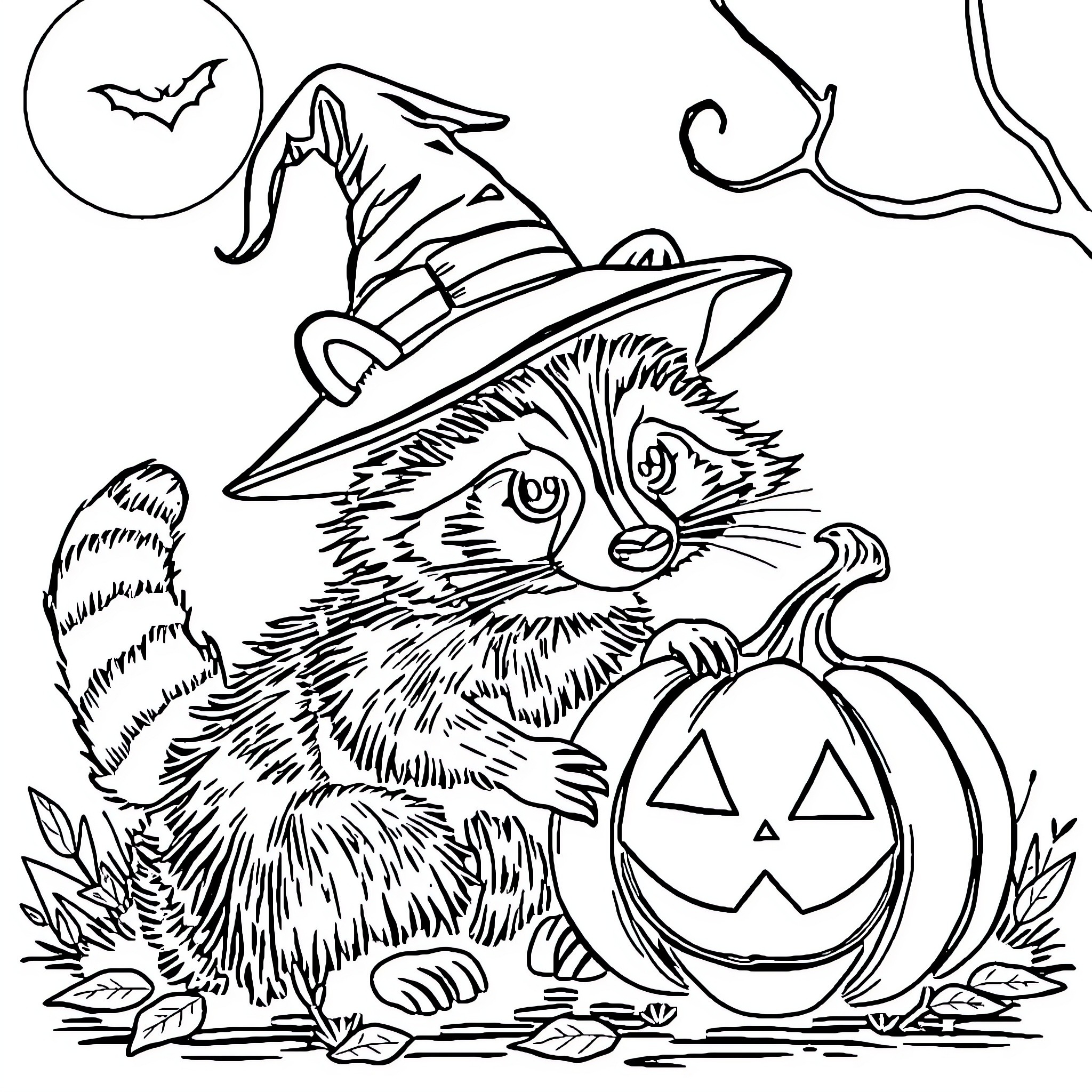 Raccoon in Witch Hat Holding Halloween Pumpkin Coloring Page (free black-and-white line drawing printable PDF for all, from beginners to advanced learners, including children, teens, adults, and seniors)