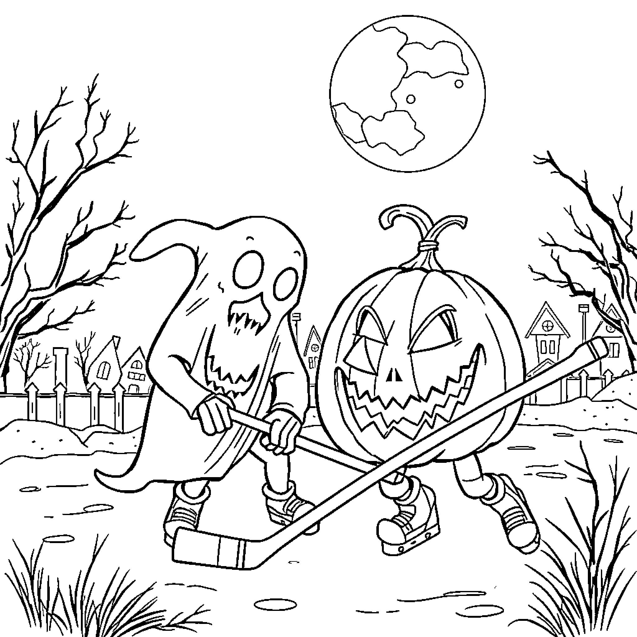 Monster with Pumpkin Head in Spooky Halloween Landscape Coloring Page (free black-and-white line drawing printable PDF for all, from beginners to advanced learners, including children, teens, adults, and seniors)