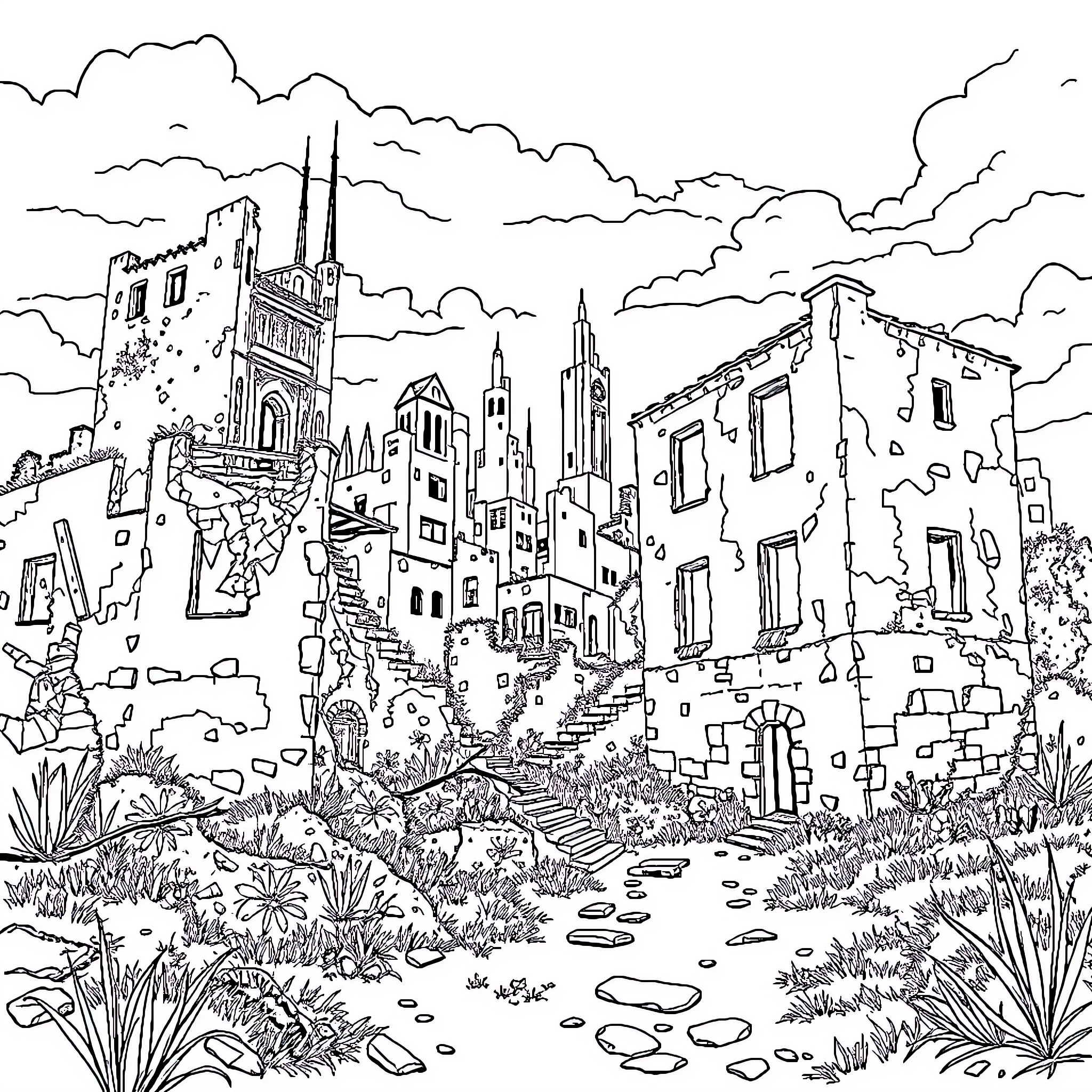 City with Towering Structures and Intricate Details Coloring Page (free black-and-white line drawing printable PDF for all, from beginners to advanced learners, including children, teens, adults, and seniors)