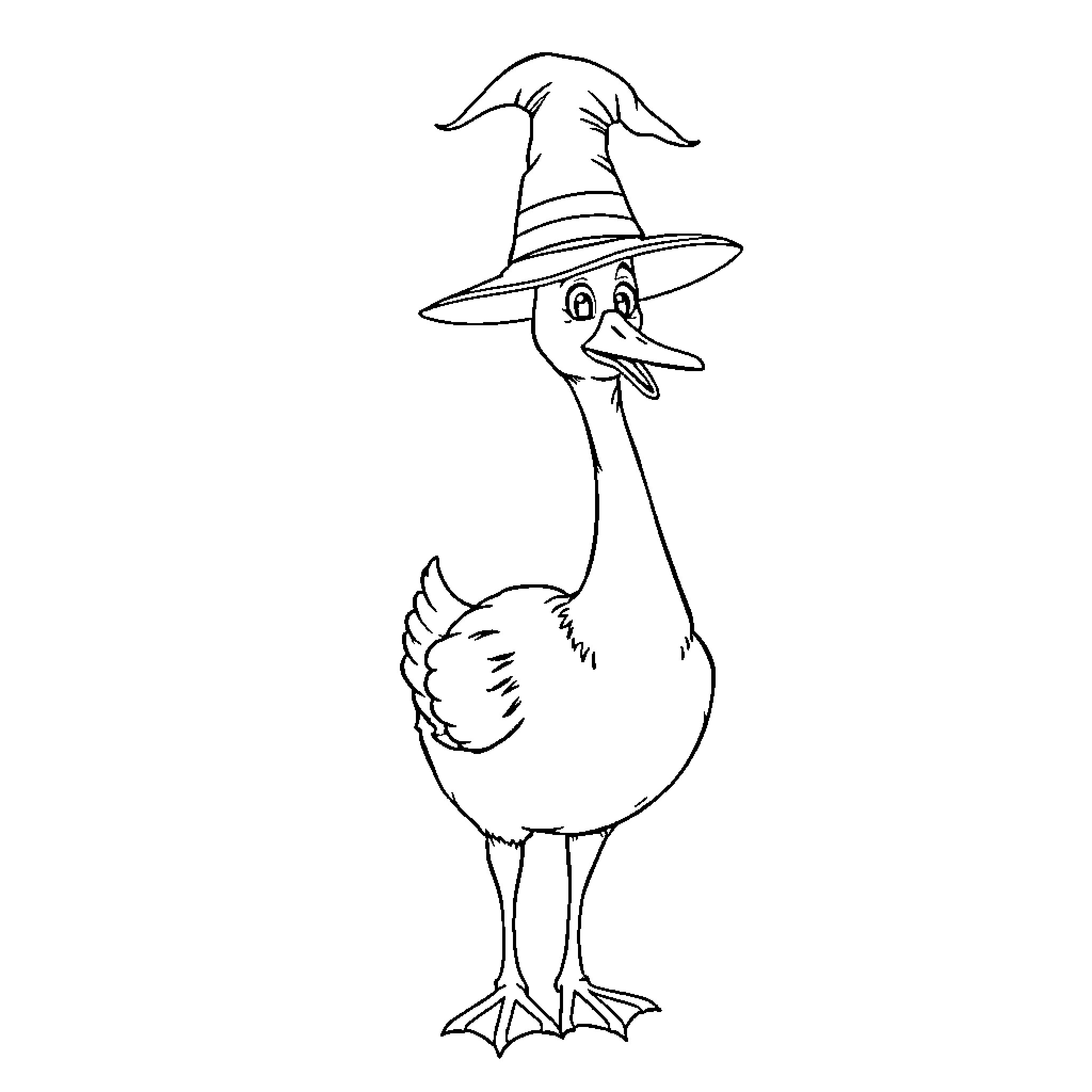 Goose wearing a witch hat and smiling Coloring Page (free black-and-white line drawing printable PDF for all, from beginners to advanced learners, including children, teens, adults, and seniors)