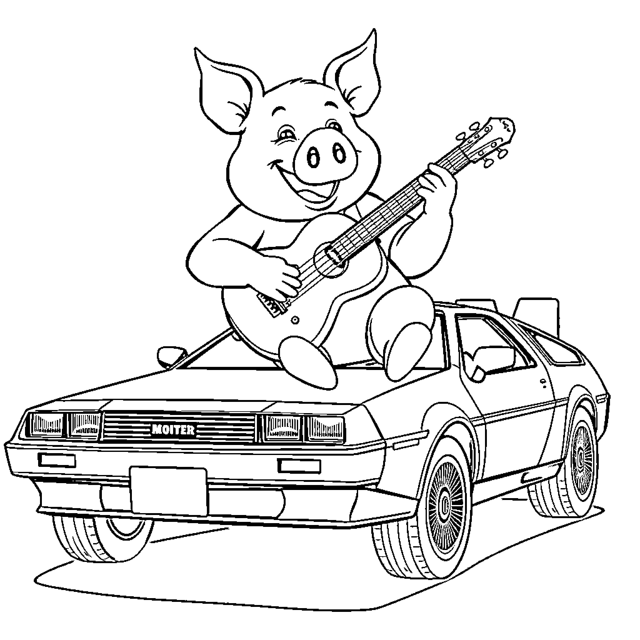 Pig playing guitar on a sports car Coloring Page (free black-and-white line drawing printable PDF for all, from beginners to advanced learners, including children, teens, adults, and seniors)