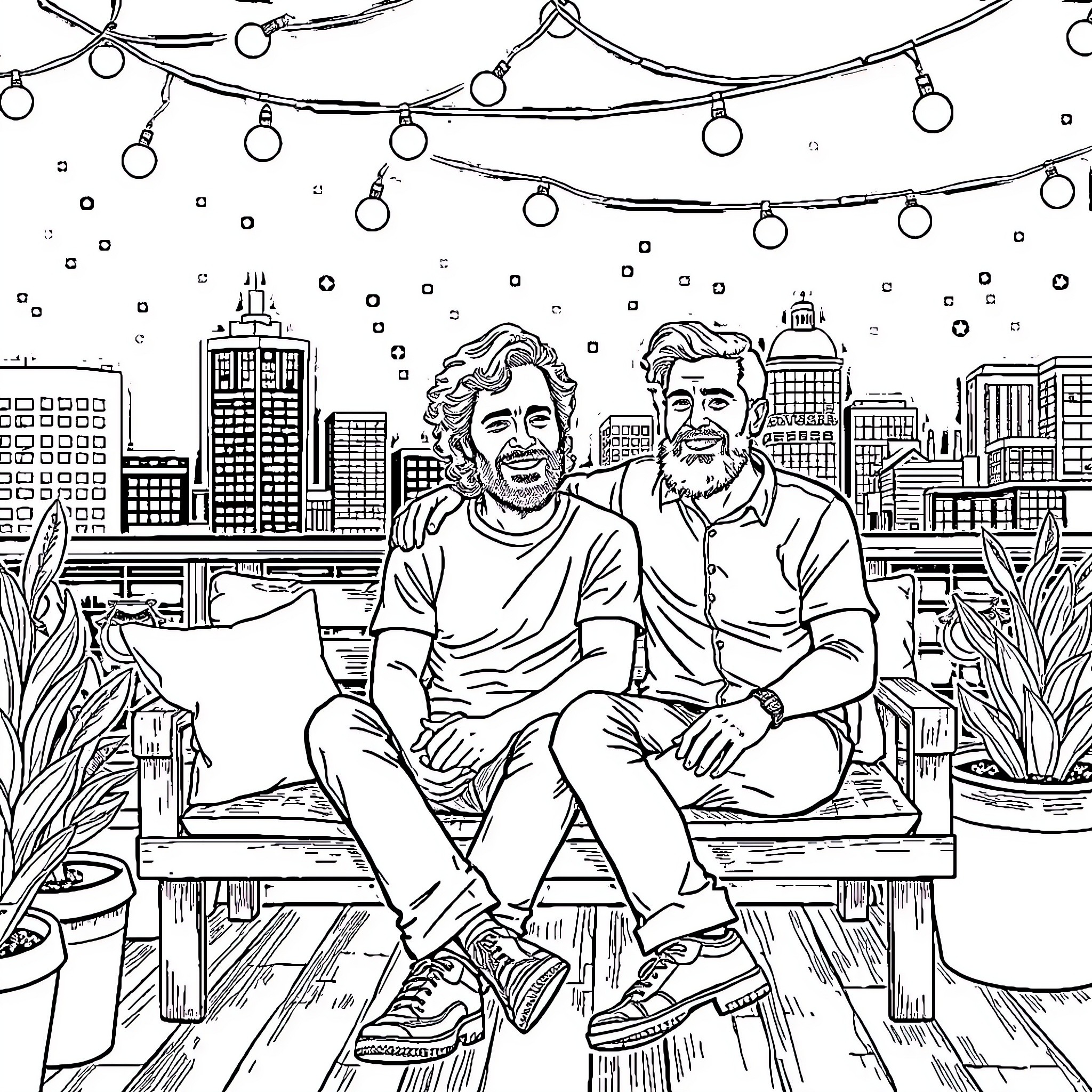 Aaron Taylor-Johnson relaxing with friend in urban setting Coloring Page (free black-and-white line drawing printable PDF for all, from beginners to advanced learners, including children, teens, adults, and seniors)