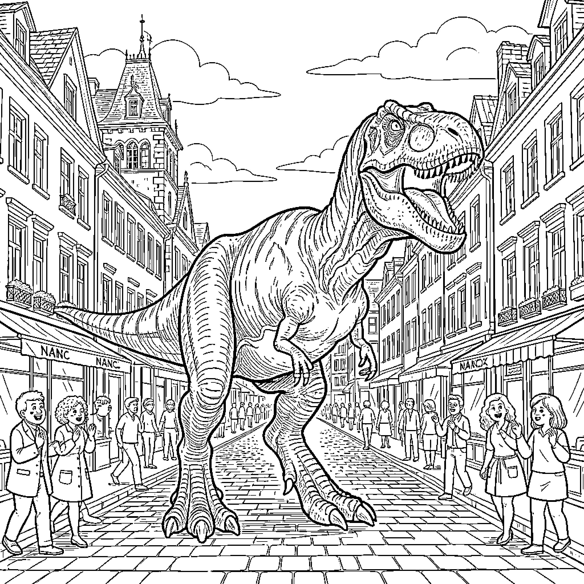 T-Rex roaring loudly in a busy city street Coloring Page (free black-and-white line drawing printable PDF for all, from beginners to advanced learners, including children, teens, adults, and seniors)