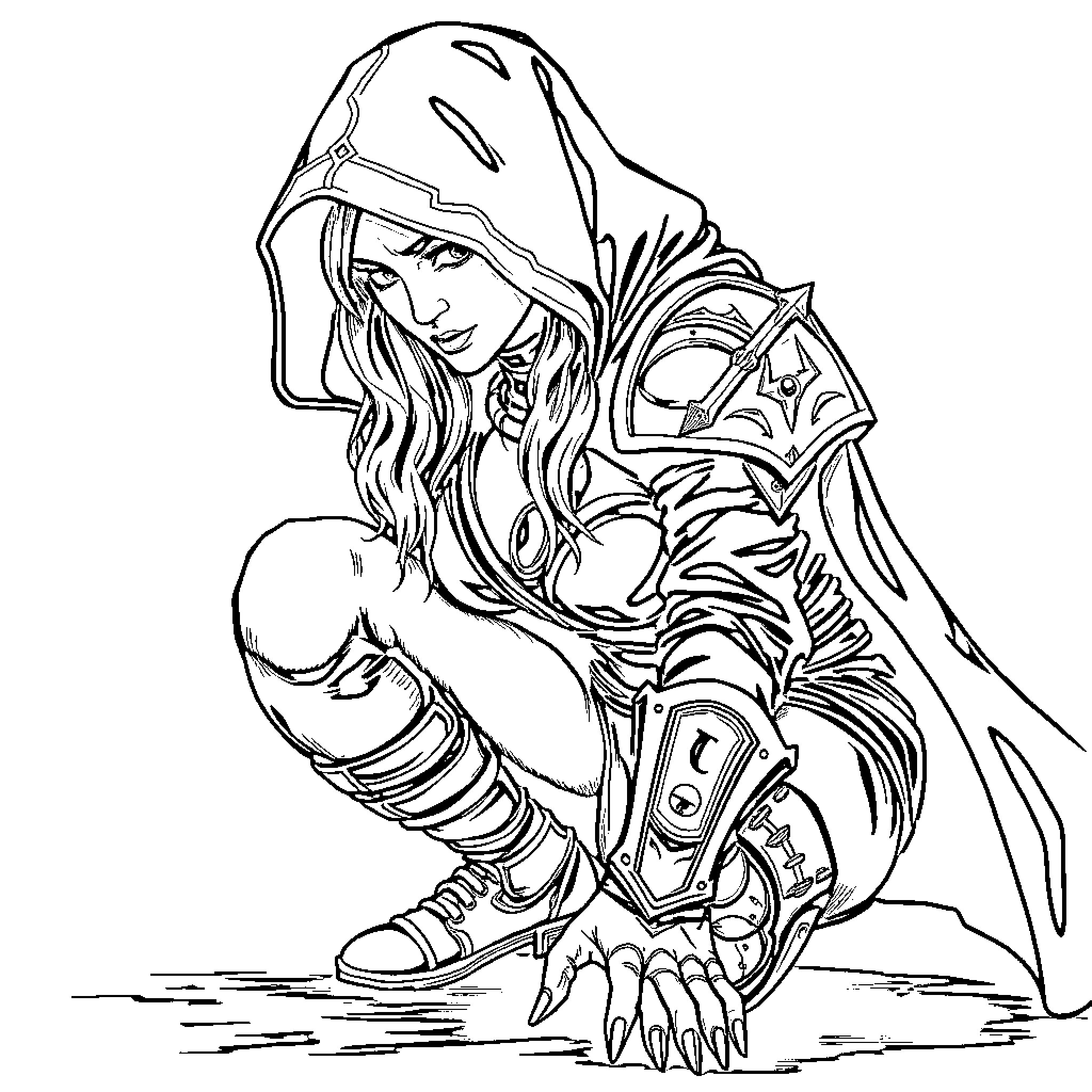 Assassin in Intimidating Gear Poised for Action Coloring Page (free black-and-white line drawing printable PDF for all, from beginners to advanced learners, including children, teens, adults, and seniors)