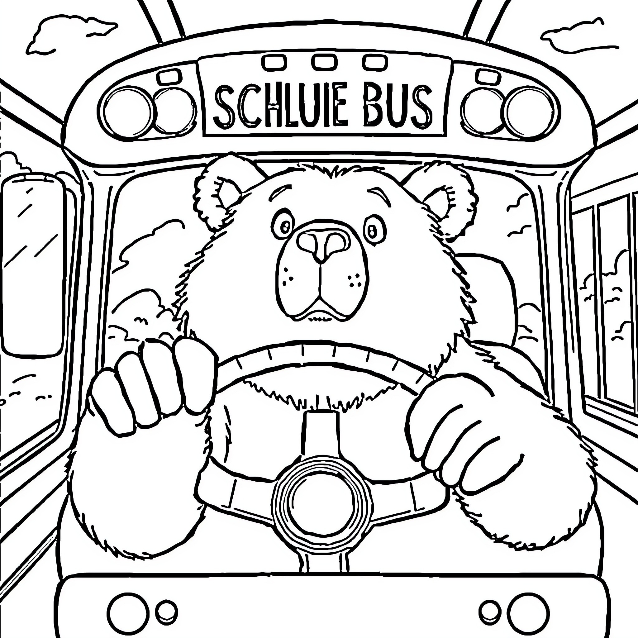Bear riding the school bus Coloring Page (free black-and-white line drawing printable PDF for all, from beginners to advanced learners, including children, teens, adults, and seniors)