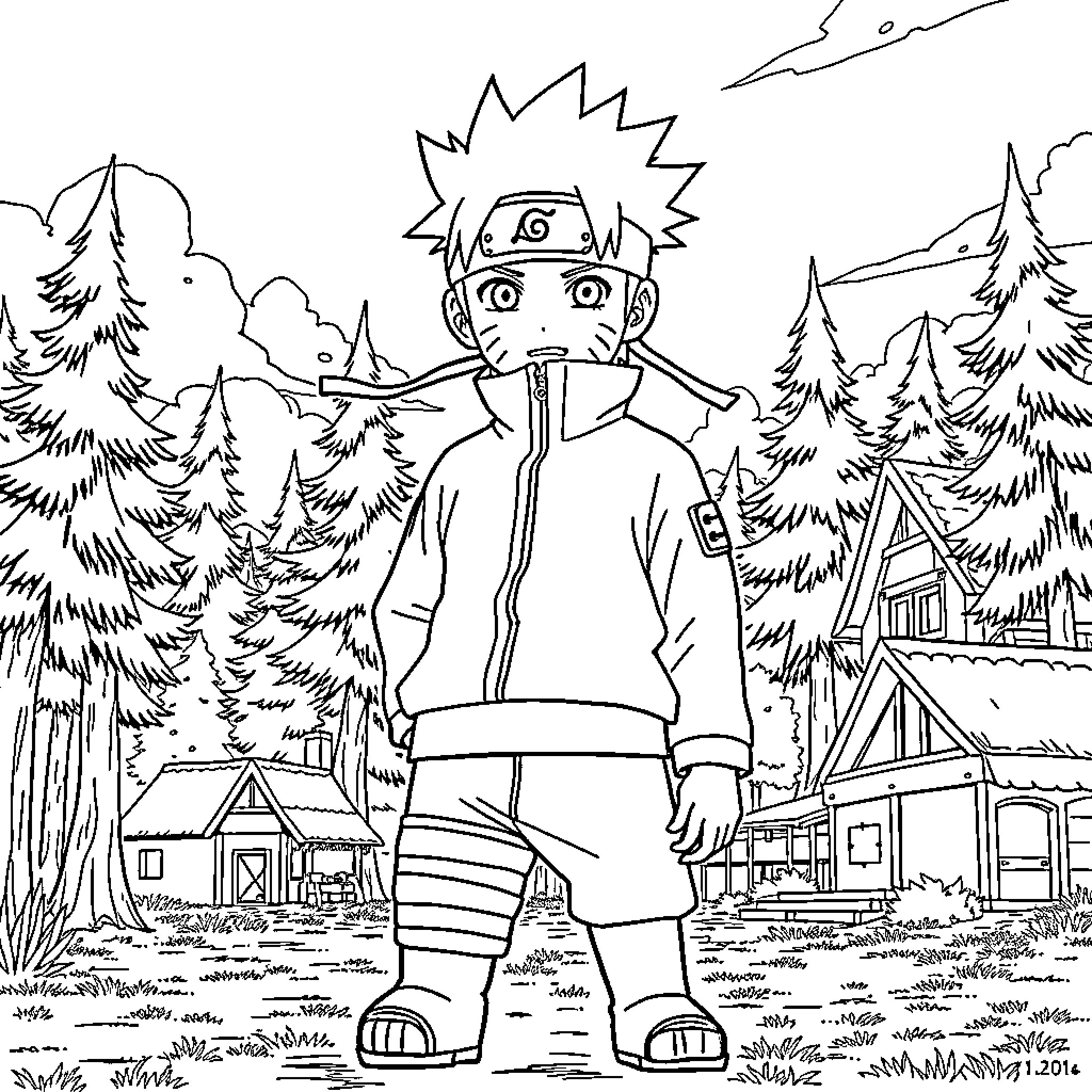Naruto in a Ninja Wilderness Scene Coloring Page (free black-and-white line drawing printable PDF for all, from beginners to advanced learners, including children, teens, adults, and seniors)
