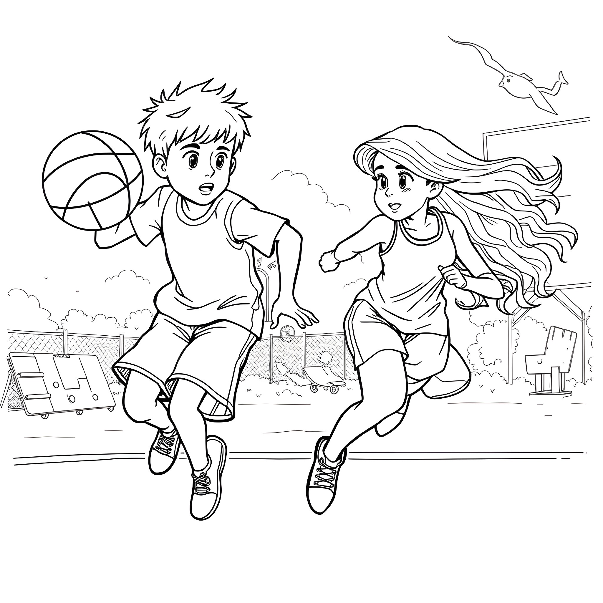 Child Athletes Playing Basketball on Court Coloring Page (free black-and-white line drawing printable PDF for all, from beginners to advanced learners, including children, teens, adults, and seniors)