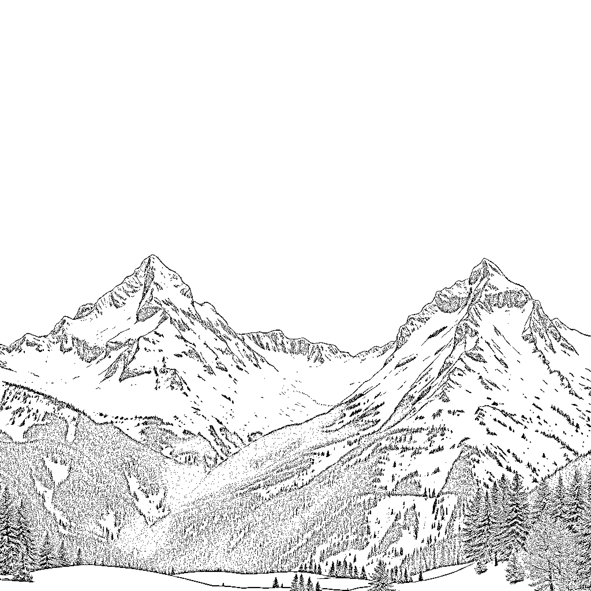 Alp Landscape with Majestic Peaks and Forests Coloring Page (free black-and-white line drawing printable PDF for all, from beginners to advanced learners, including children, teens, adults, and seniors)