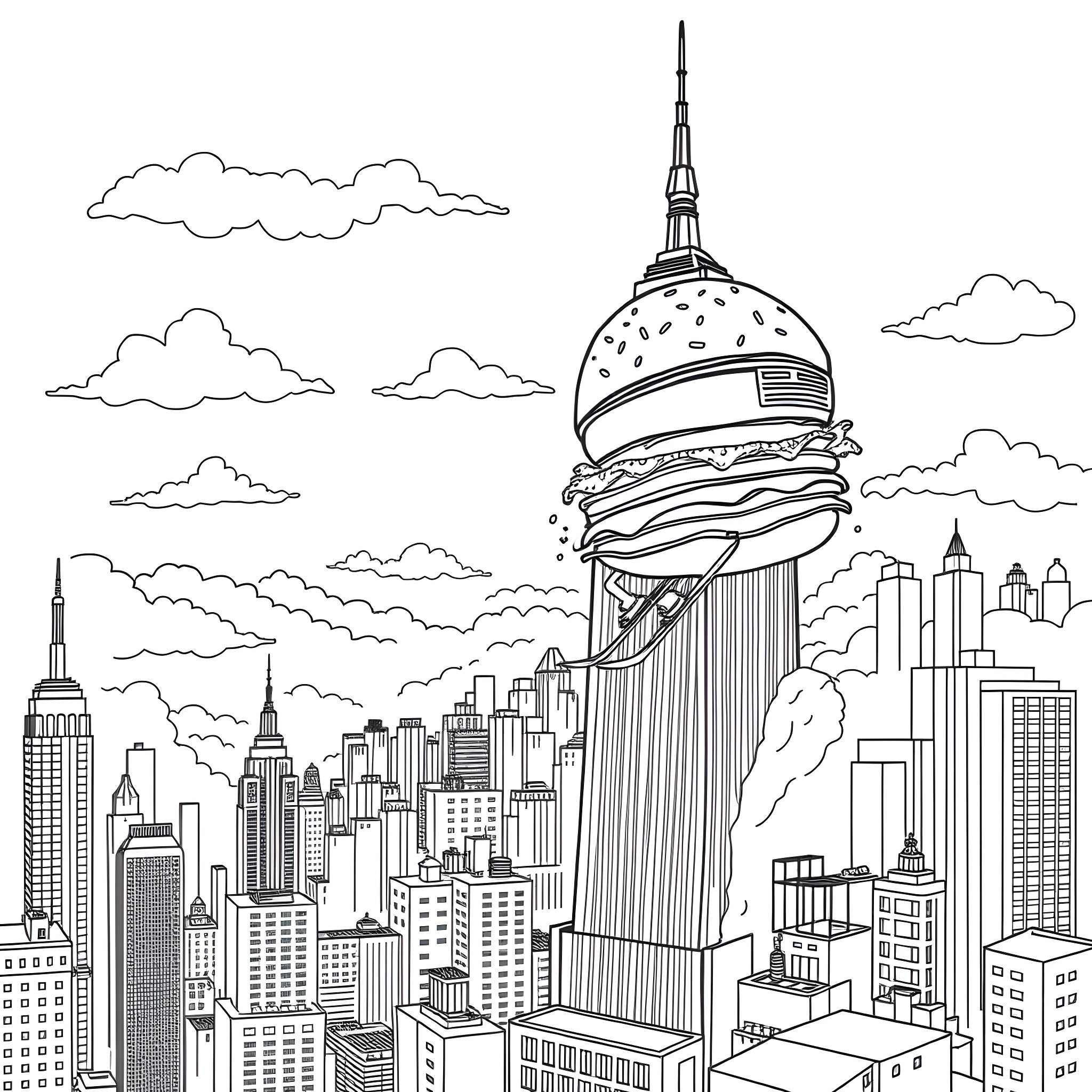 Burger Skyscraper in Cloudy City Skyline Coloring Page (free black-and-white line drawing printable PDF for all, from beginners to advanced learners, including children, teens, adults, and seniors)