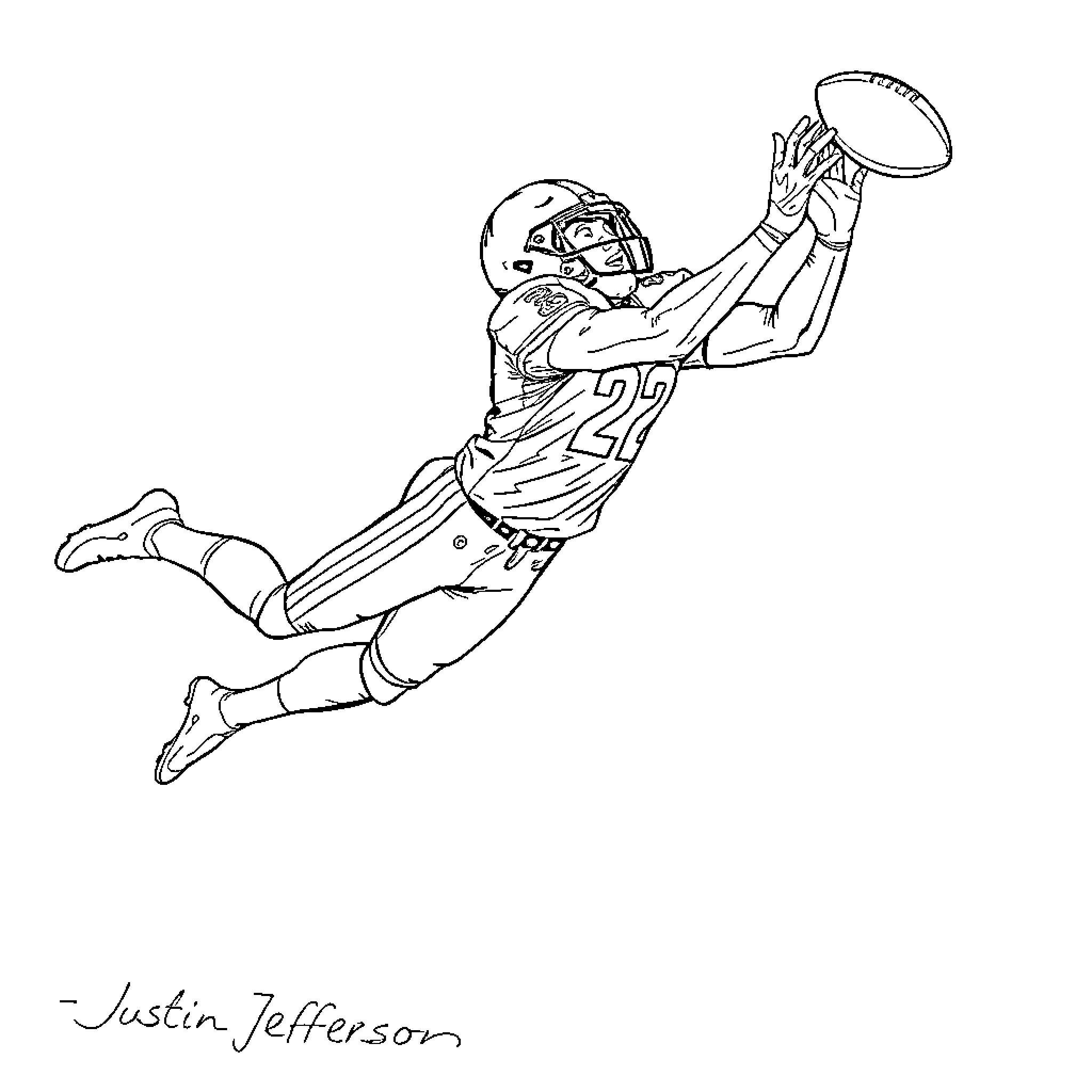 Justin Jefferson making a diving catch Coloring Page (free black-and-white line drawing printable PDF for all, from beginners to advanced learners, including children, teens, adults, and seniors)