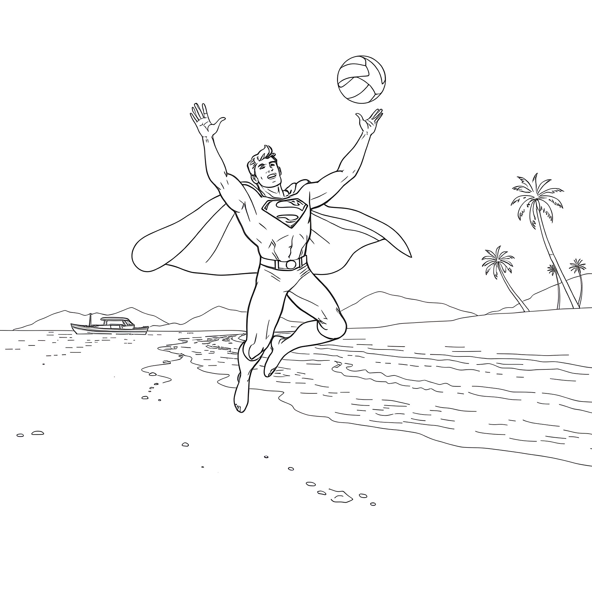 Superman playing volleyball on the beach Coloring Page (free black-and-white line drawing printable PDF for all, from beginners to advanced learners, including children, teens, adults, and seniors)