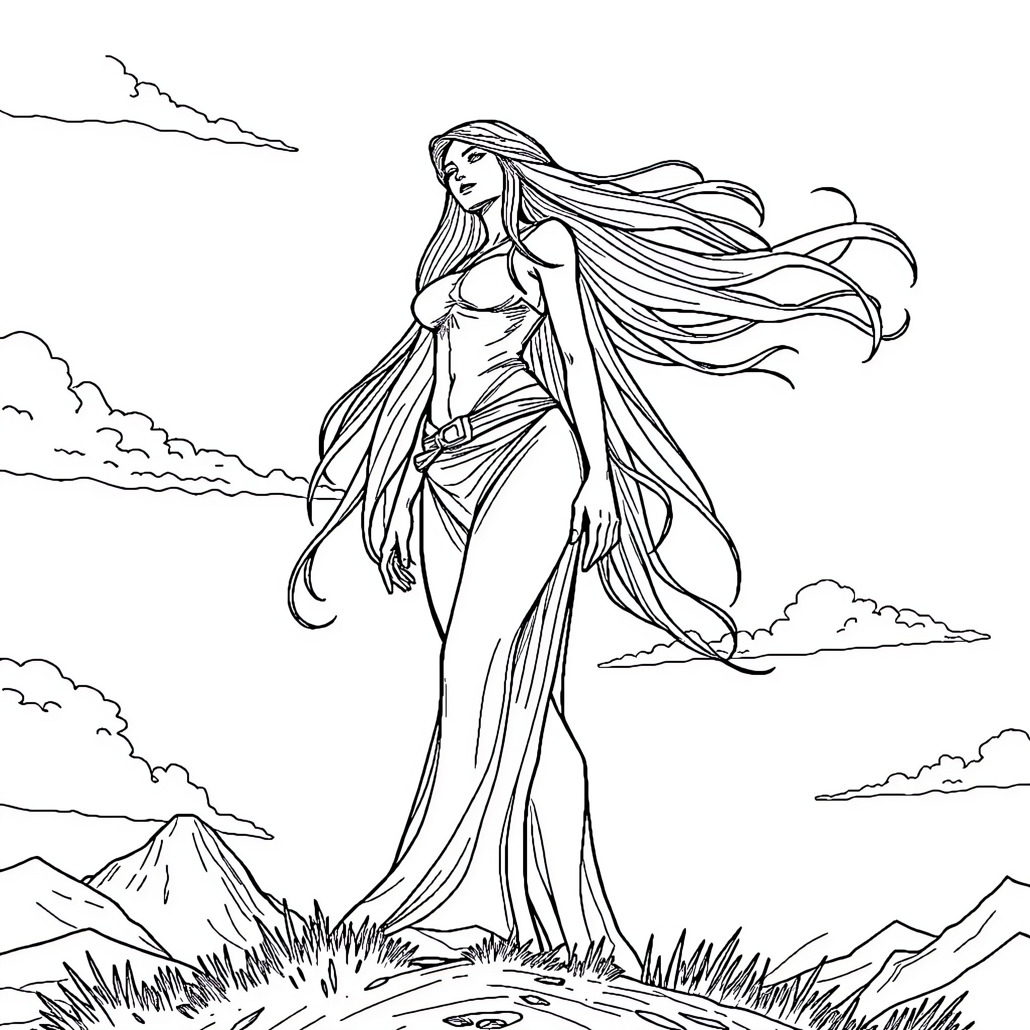 Giantess in flowing gown surveying the landscape Coloring Page (free black-and-white line drawing printable PDF for all, from beginners to advanced learners, including children, teens, adults, and seniors)