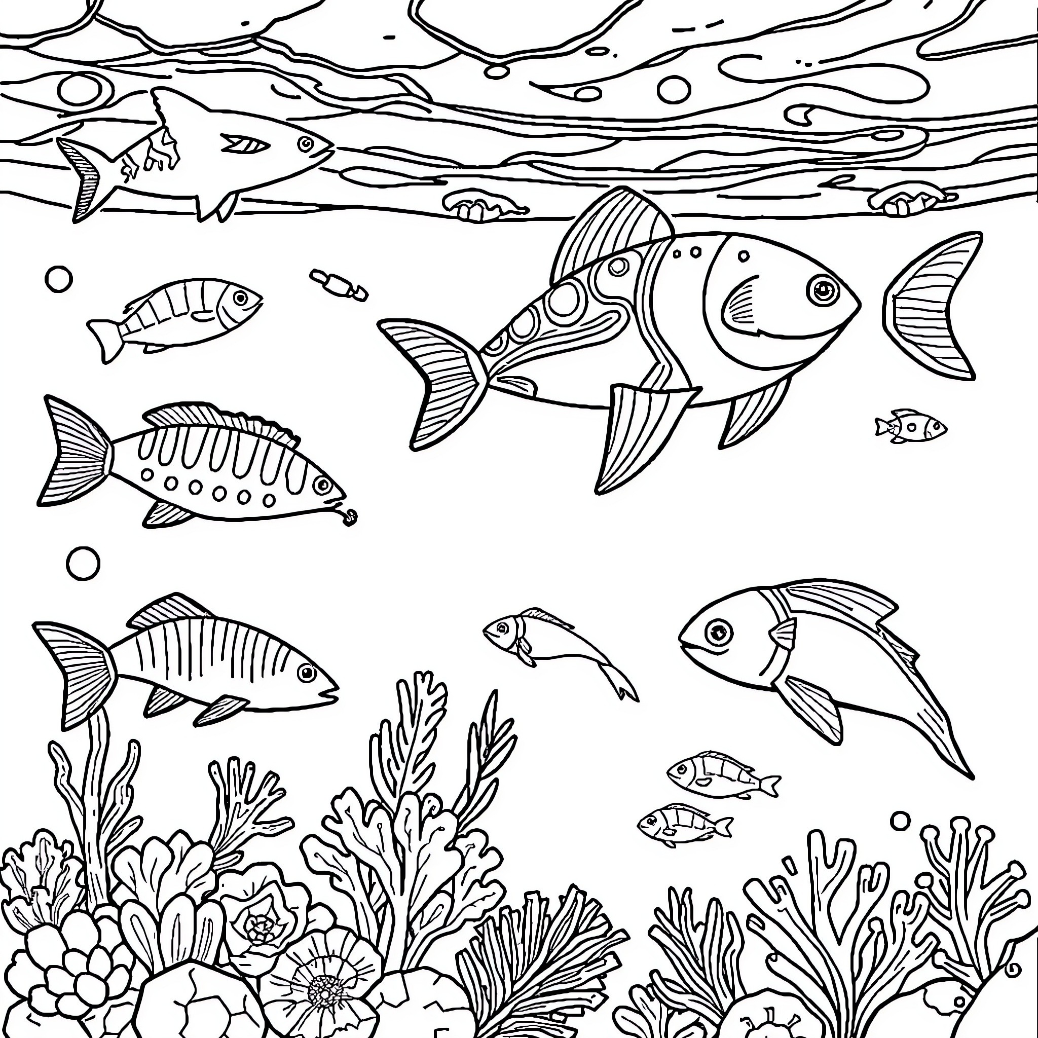 Ocean Animal Underwater Scene with Various Fish Coloring Page (free black-and-white line drawing printable PDF for all, from beginners to advanced learners, including children, teens, adults, and seniors)