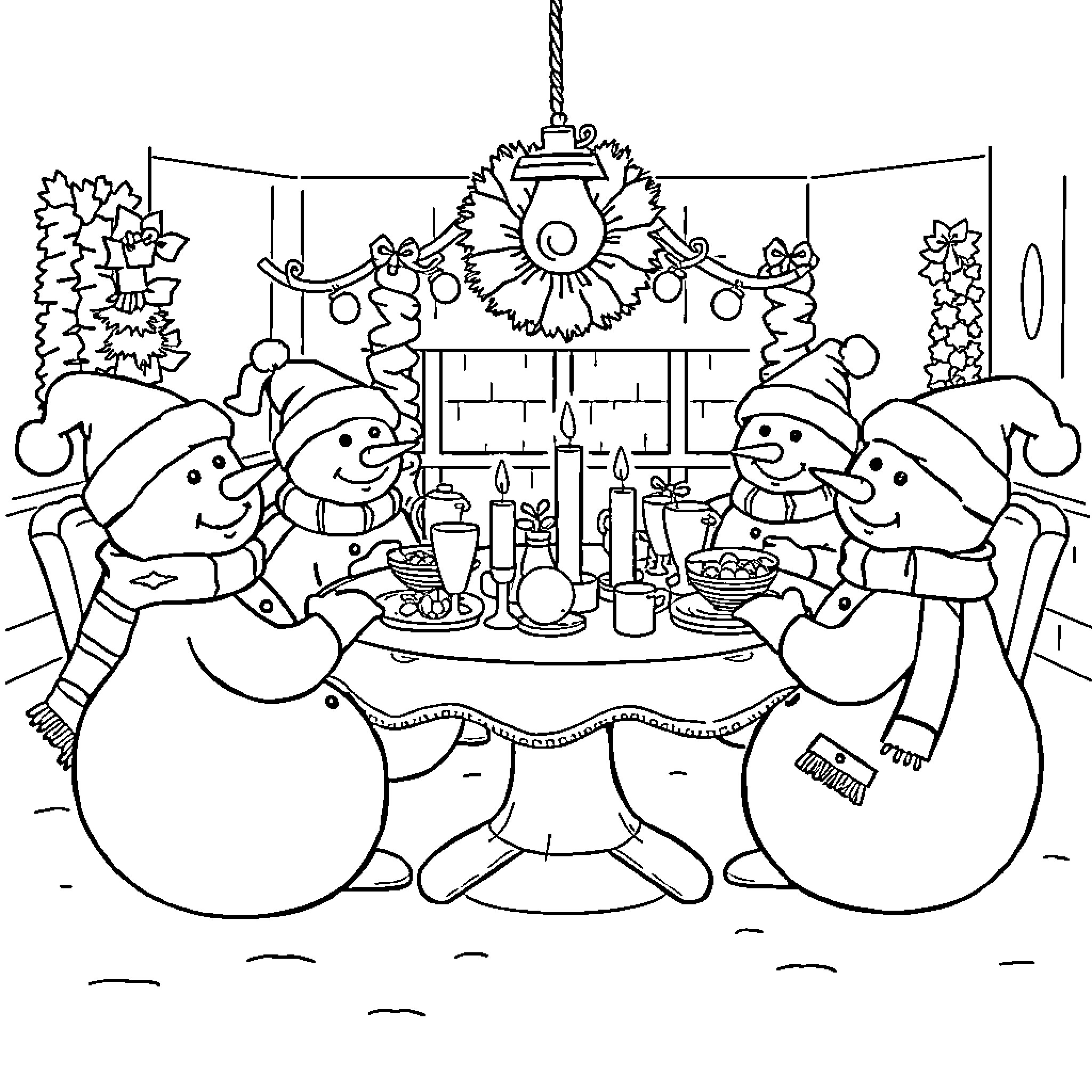 Snowmen enjoying a festive holiday meal together Coloring Page (free black-and-white line drawing printable PDF for all, from beginners to advanced learners, including children, teens, adults, and seniors)