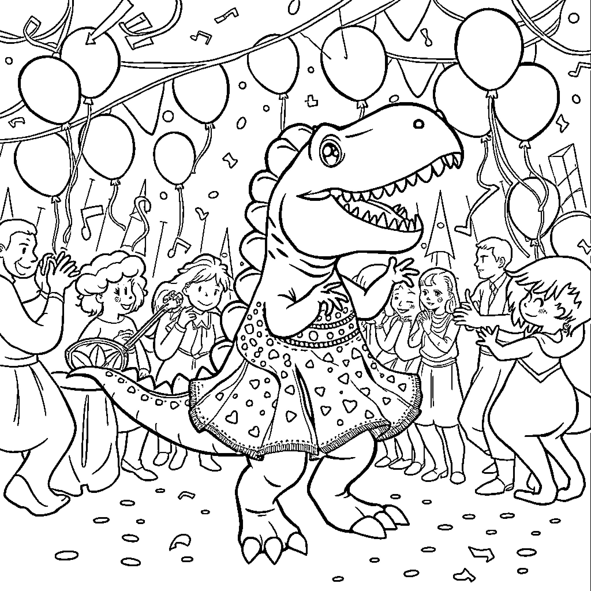 Dinosaur attending a festive party with people Coloring Page (free black-and-white line drawing printable PDF for all, from beginners to advanced learners, including children, teens, adults, and seniors)