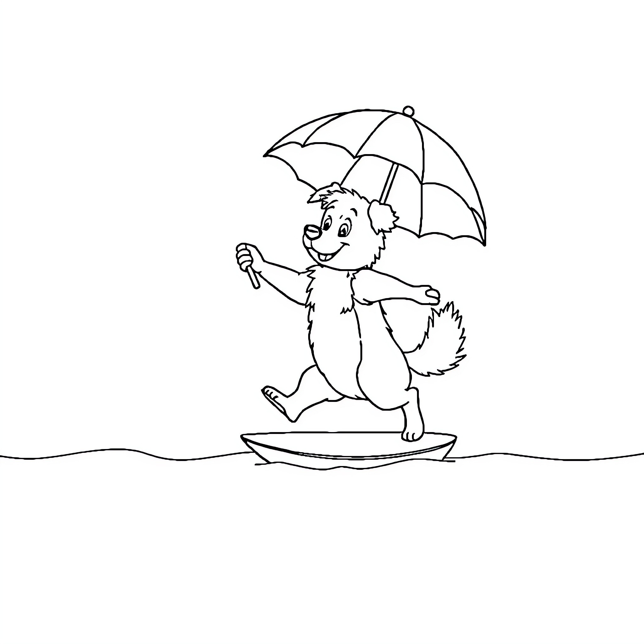 Hund playing with umbrella on puddle Coloring Page (free black-and-white line drawing printable PDF for all, from beginners to advanced learners, including children, teens, adults, and seniors)