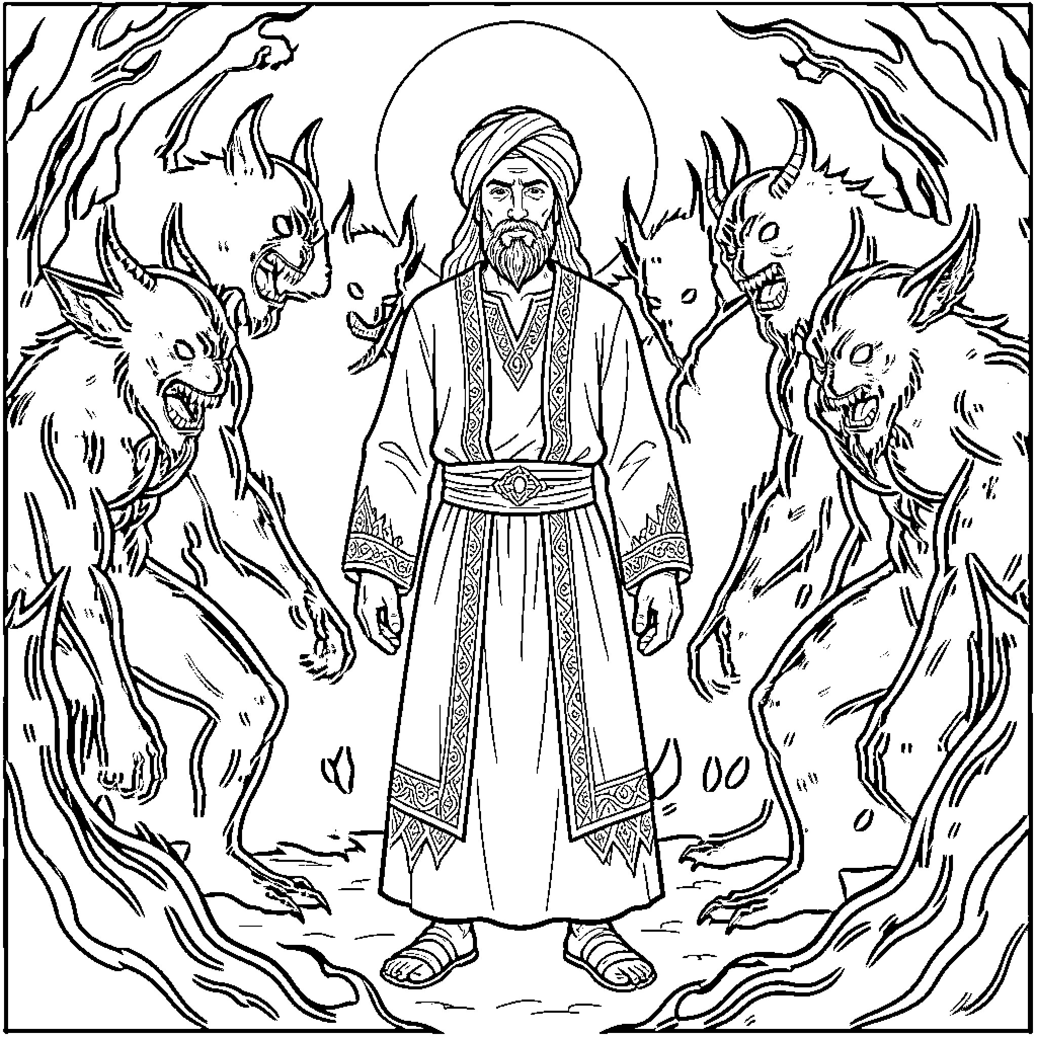Rumi surrounded by mystical creatures Coloring Page (free black-and-white line drawing printable PDF for all, from beginners to advanced learners, including children, teens, adults, and seniors)