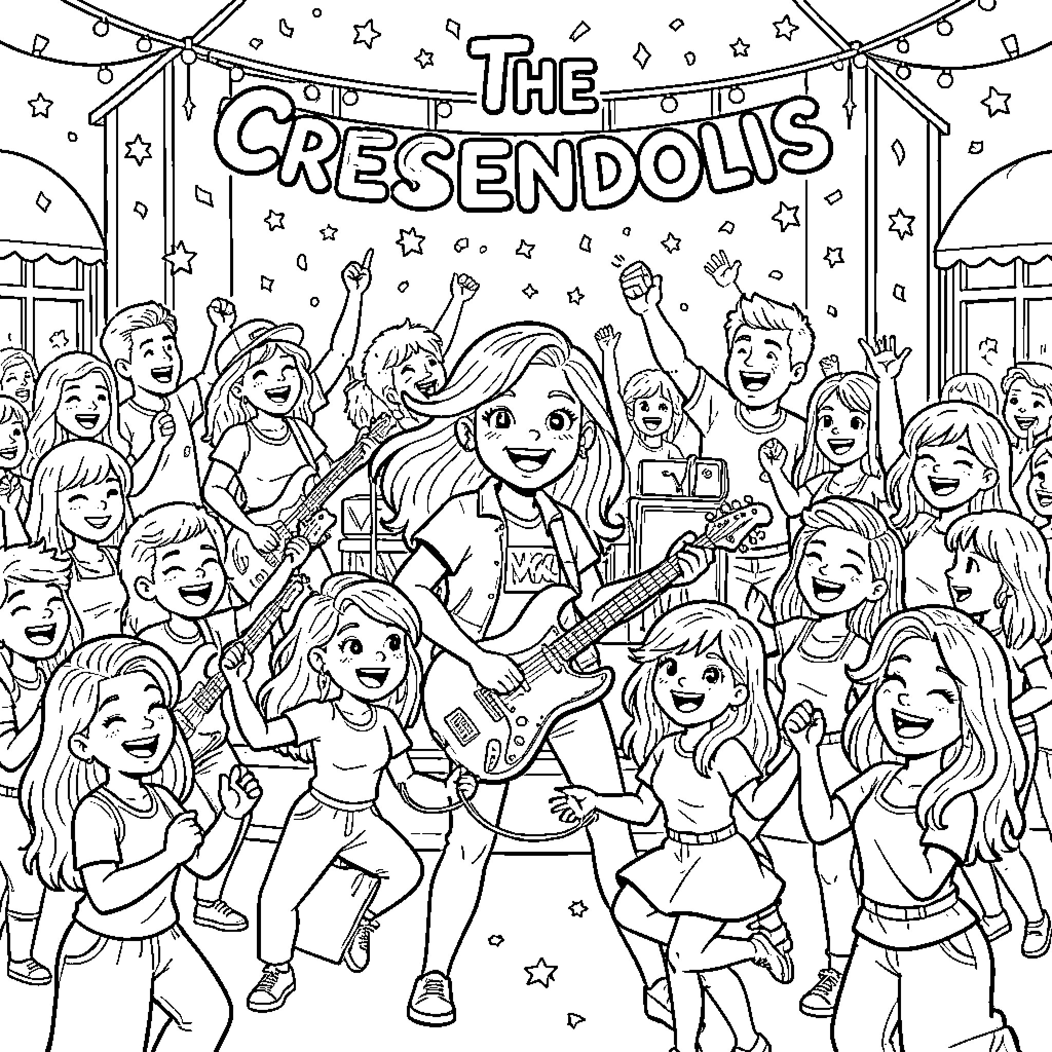 Crescendolls band performing energetically for a cheering crowd Coloring Page (free black-and-white line drawing printable PDF for all, from beginners to advanced learners, including children, teens, adults, and seniors)