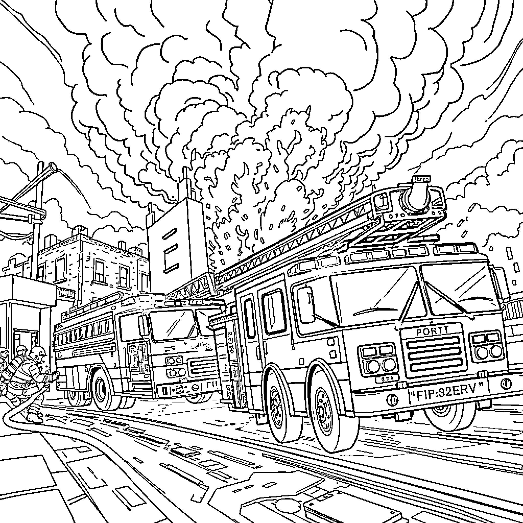 Fire Truck rushing to the scene of a disaster Coloring Page (free black-and-white line drawing printable PDF for all, from beginners to advanced learners, including children, teens, adults, and seniors)