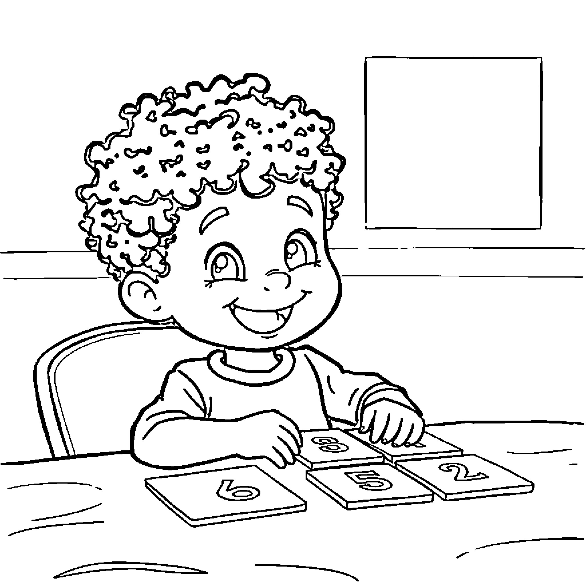 Boy happily solving math problems at his desk Coloring Page (free black-and-white line drawing printable PDF for all, from beginners to advanced learners, including children, teens, adults, and seniors)