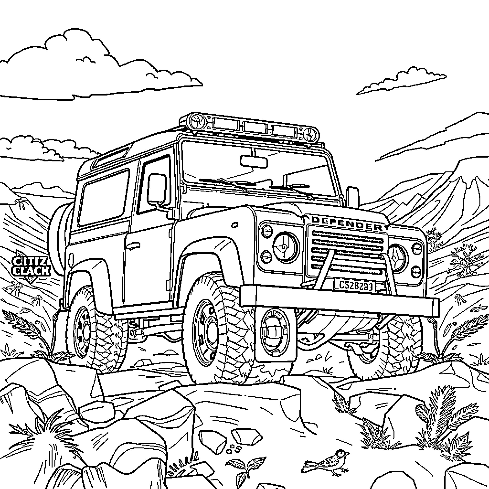 Defender Offroading Through Rocky Terrain Coloring Page (free black-and-white line drawing printable PDF for all, from beginners to advanced learners, including children, teens, adults, and seniors)