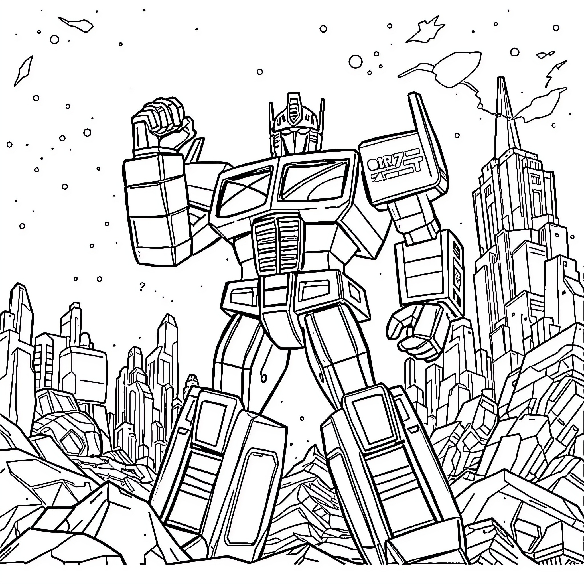 Optimus Prime Towering Over a Futuristic City Coloring Page (free black-and-white line drawing printable PDF for all, from beginners to advanced learners, including children, teens, adults, and seniors)