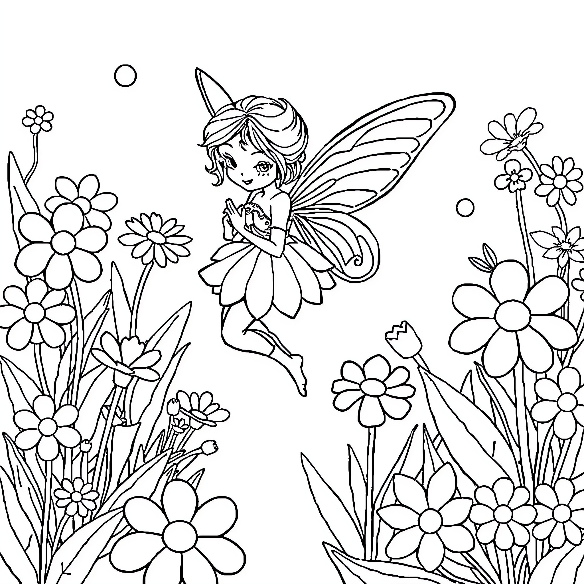 Fairy playing amidst beautiful flowers Coloring Page (free black-and-white line drawing printable PDF for all, from beginners to advanced learners, including children, teens, adults, and seniors)
