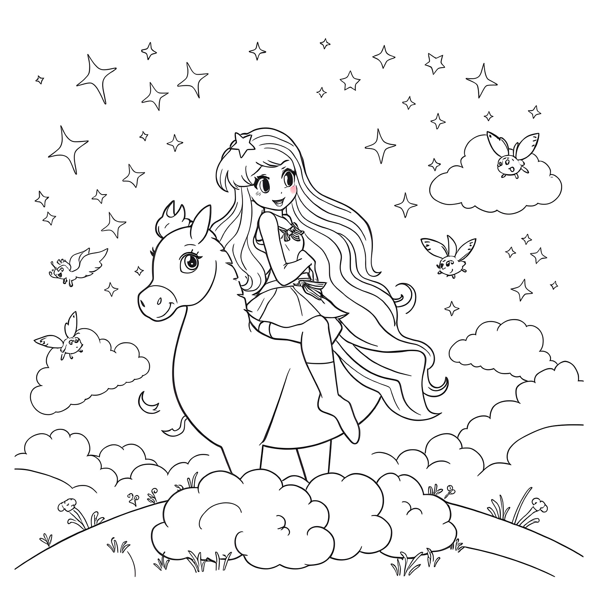Rainbow Brite riding a magical unicorn in a whimsical scene Coloring Page (free black-and-white line drawing printable PDF for all, from beginners to advanced learners, including children, teens, adults, and seniors)