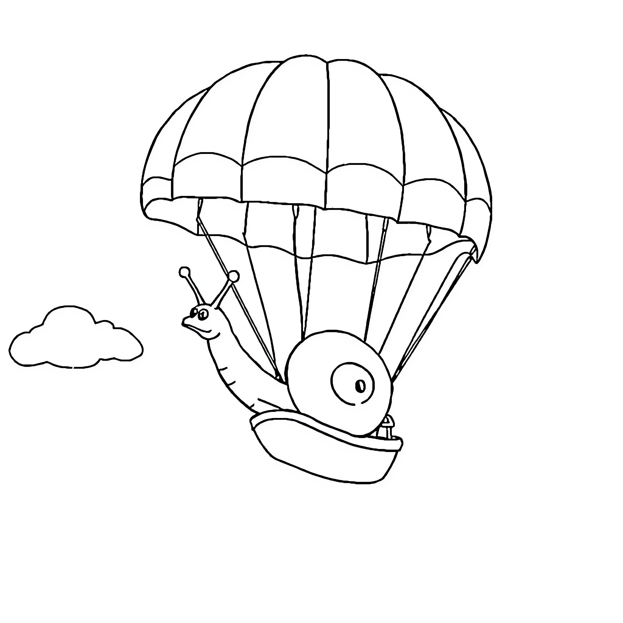 Snail skydiving with parachute in the sky Coloring Page (free black-and-white line drawing printable PDF for all, from beginners to advanced learners, including children, teens, adults, and seniors)