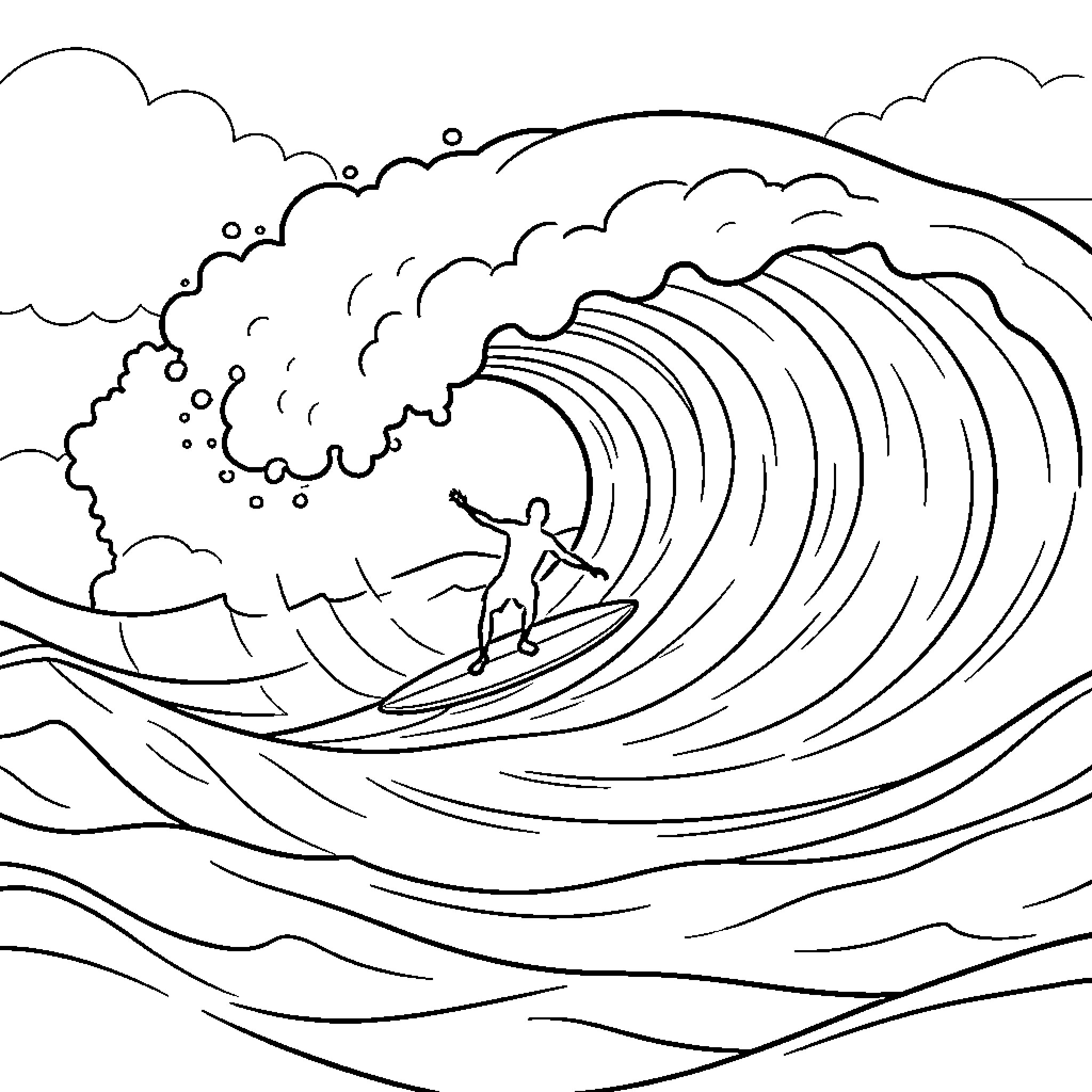 Ola surfer riding a large ocean wave Coloring Page (free black-and-white line drawing printable PDF for all, from beginners to advanced learners, including children, teens, adults, and seniors)